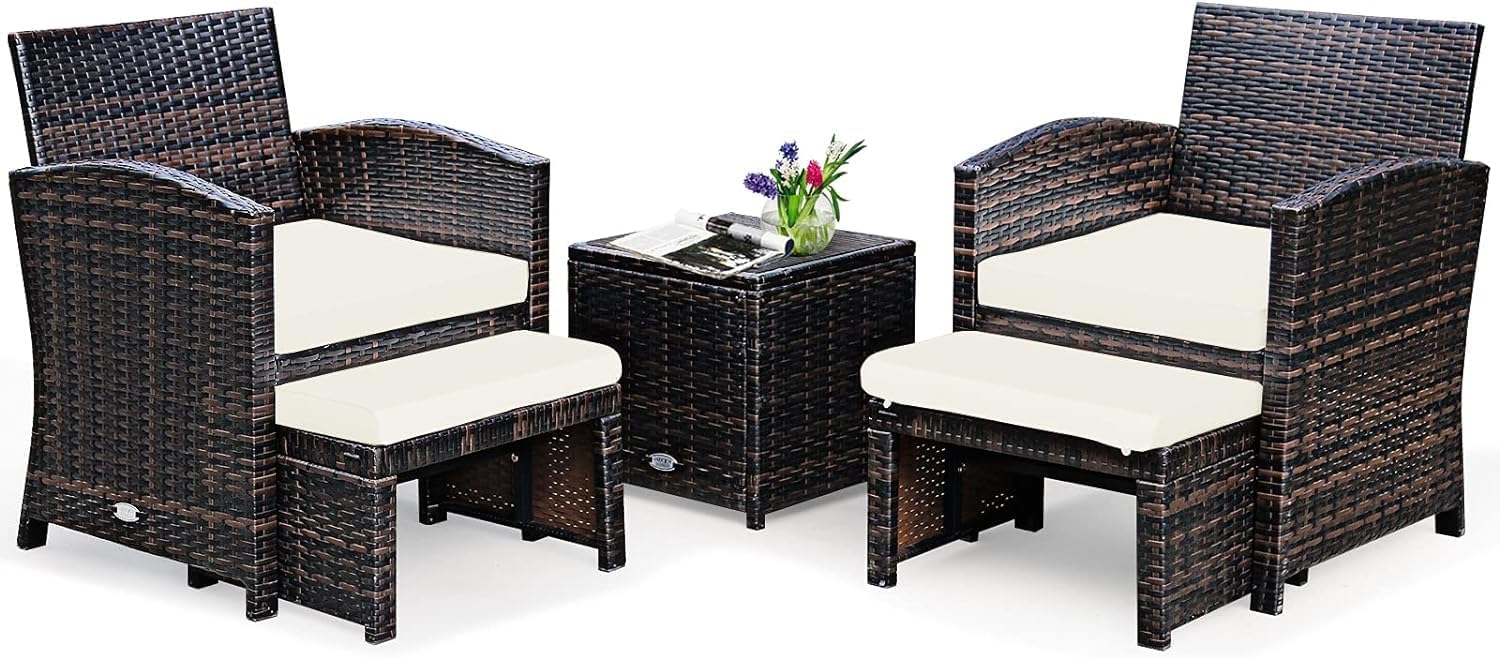 GIANTEX Conjunto de Muebles de Jardín de Ratán 5 Piezas 2 Sillones 2 Reposapiés Mesa de Café con Almacenaje Diseño Moderno Color Blanco-Casagoloft
