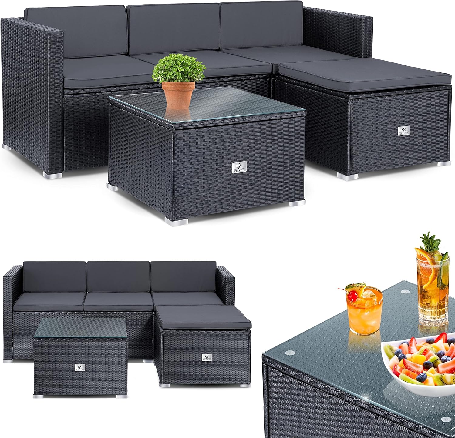 KESSER Conjunto de Jardín Polyrattan Aruba 3-4 Personas Sofá Sillón Taburete y Mesa Auxiliar con Cojines Color Antracita-Casagoloft