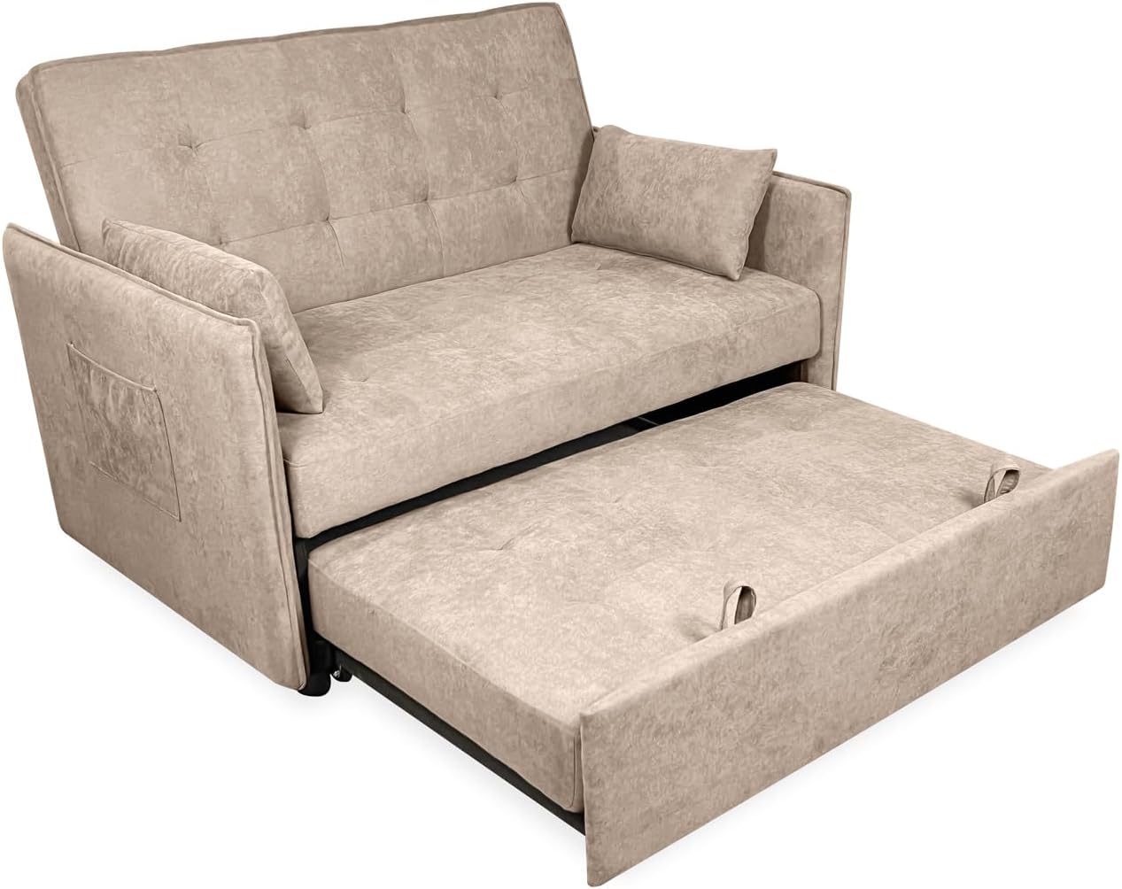 Homey sofá cama de 2 plazas modelo Zumaia diseño moderno funcional con cojines decorativos sistema de apertura fácil tapizado en beige 132x85x95 cm para salón y dormitorio-Casagoloft