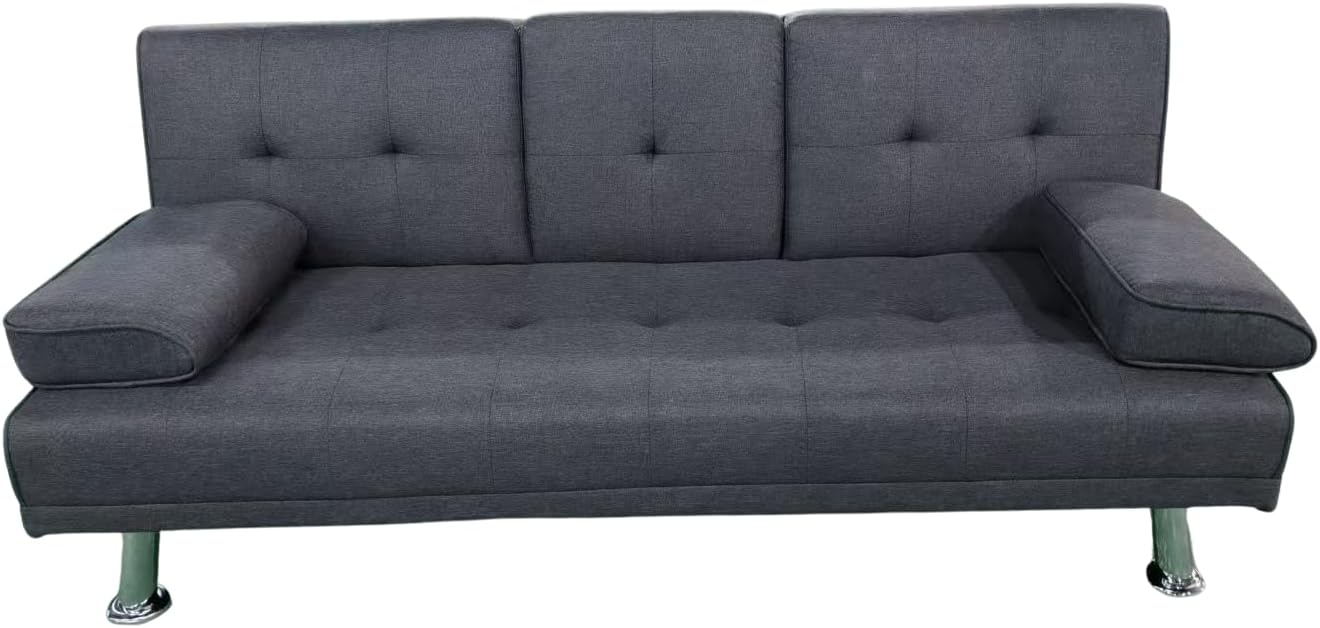 Sofá cama Canos de 3 plazas con mesa abatible sistema clic clac tapizado en tela sintética diseño moderno color gris multifuncional para salón y uso diario-Casagoloft