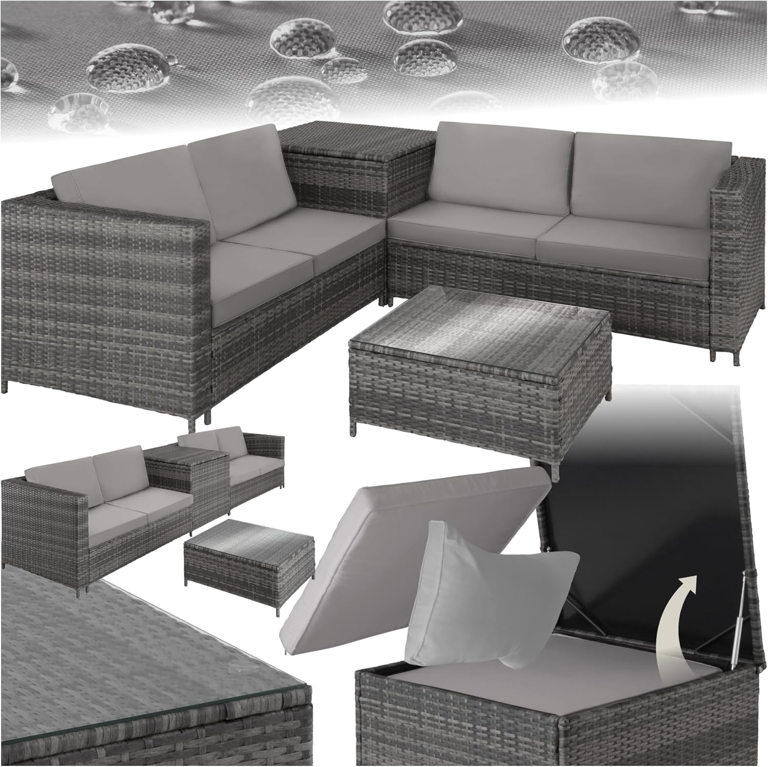 TecTake Conjunto de Jardín de Ratán Modular con Cojines de 8 cm 2 Sofás Mesa Caja de Almacenaje Estructura de Acero Resistente a la Intemperie Gris y Gris Claro-Casagoloft
