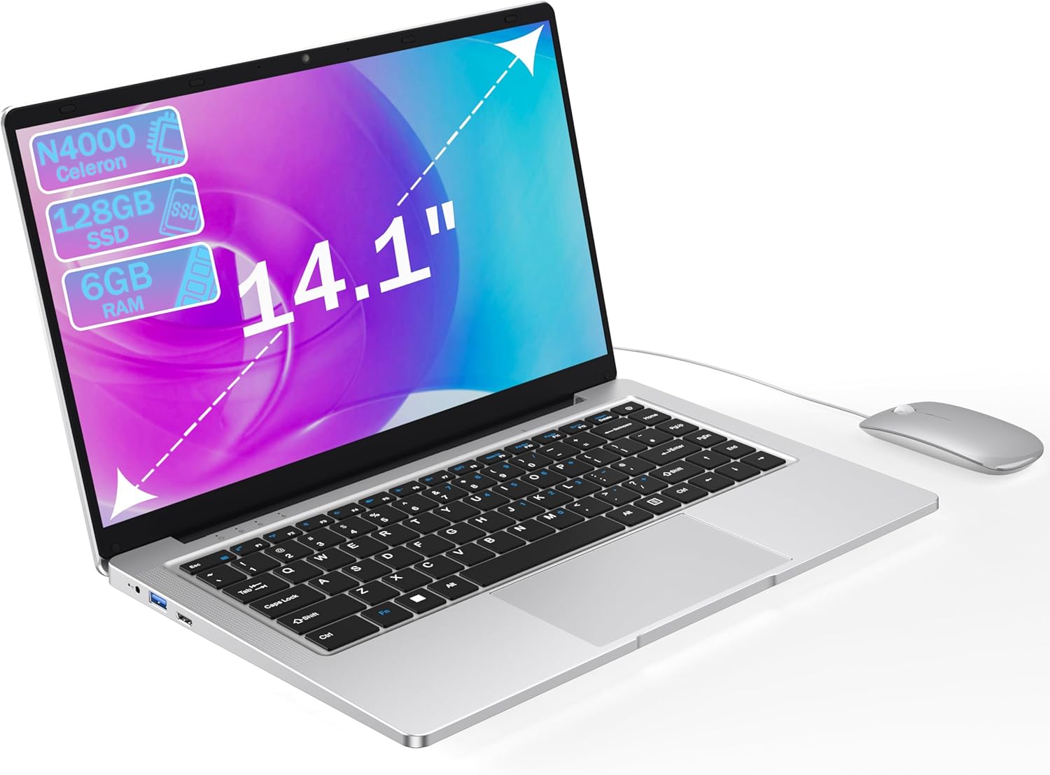 Ordenador Portátil 14,1 Pulgadas Dual Core Celeron 6 GB RAM 128 GB SSD Pantalla HD 1366x768 Diseño sin Ventilador WiFi 5G Windows 11 con Ratón-Casagoloft