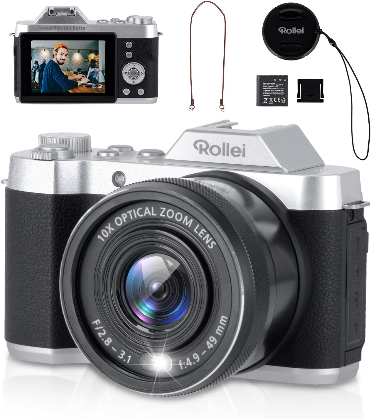 Rollei Powerflex 10x cámara digital 64MP vídeo 4K zoom digital 10x pantalla LCD 2,88 pulgadas 8 modos batería incluida cámara portátil estilo retro para fotografía y vídeo creativo-Casagoloft