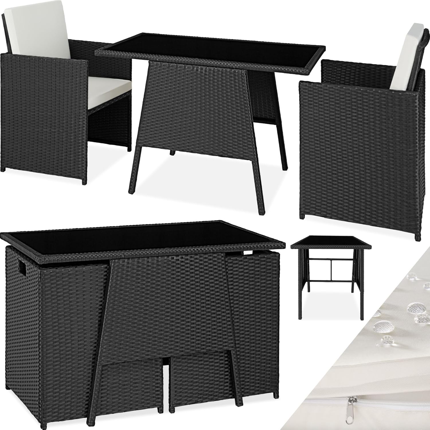 TecTake Conjunto de Jardín de Ratán y Aluminio 2 Sillas con Cojines Mesa de Cristal Apilables Fundas Extraíbles Resistente a la Intemperie Color Negro-Casagoloft