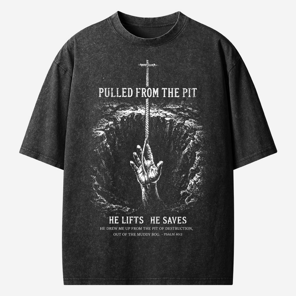 Pulled From the Pit Cross Rescue Hand Christian Washed T-Shirt