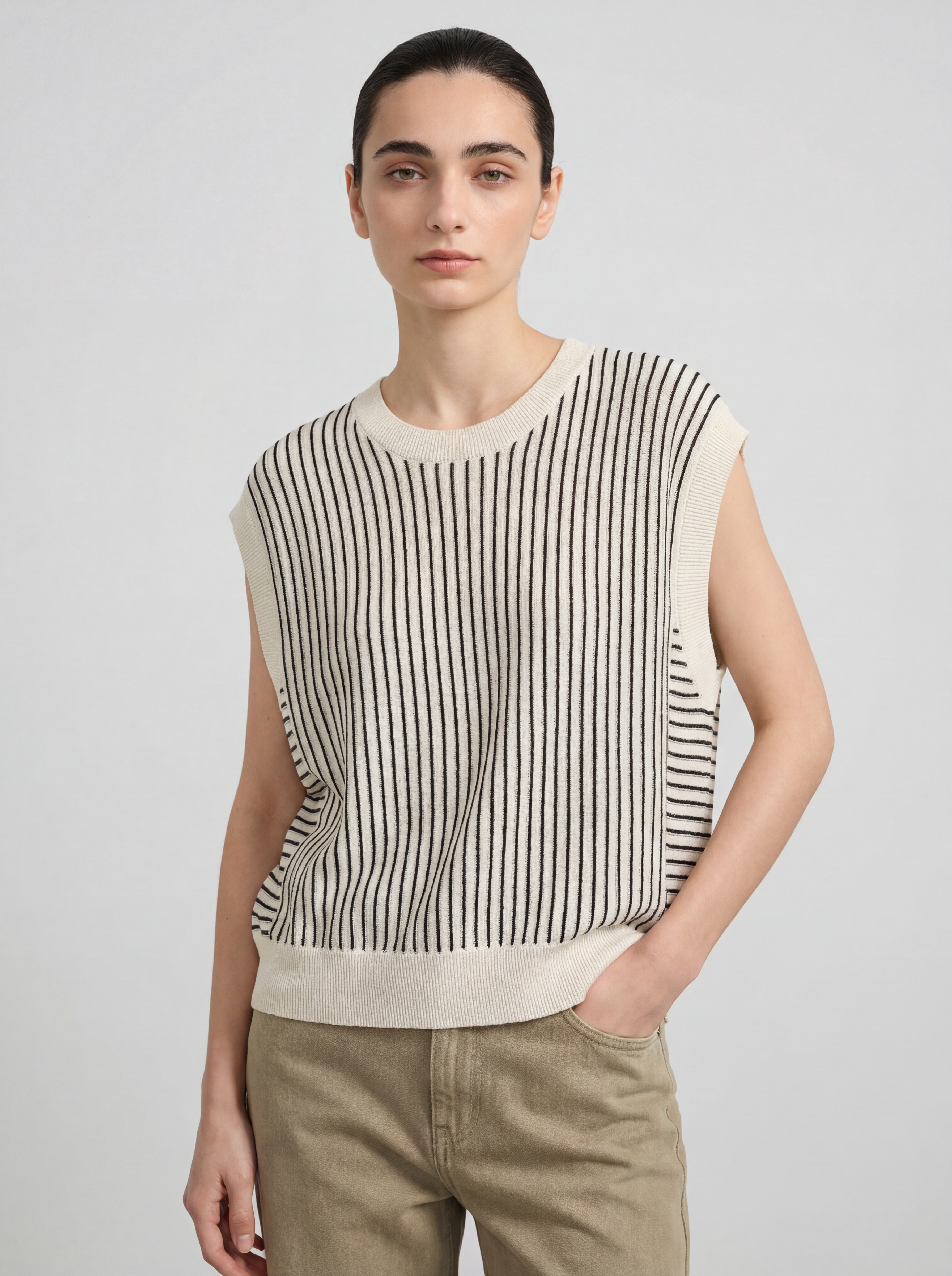 Beige Crew Neck Cotton Knit Tank