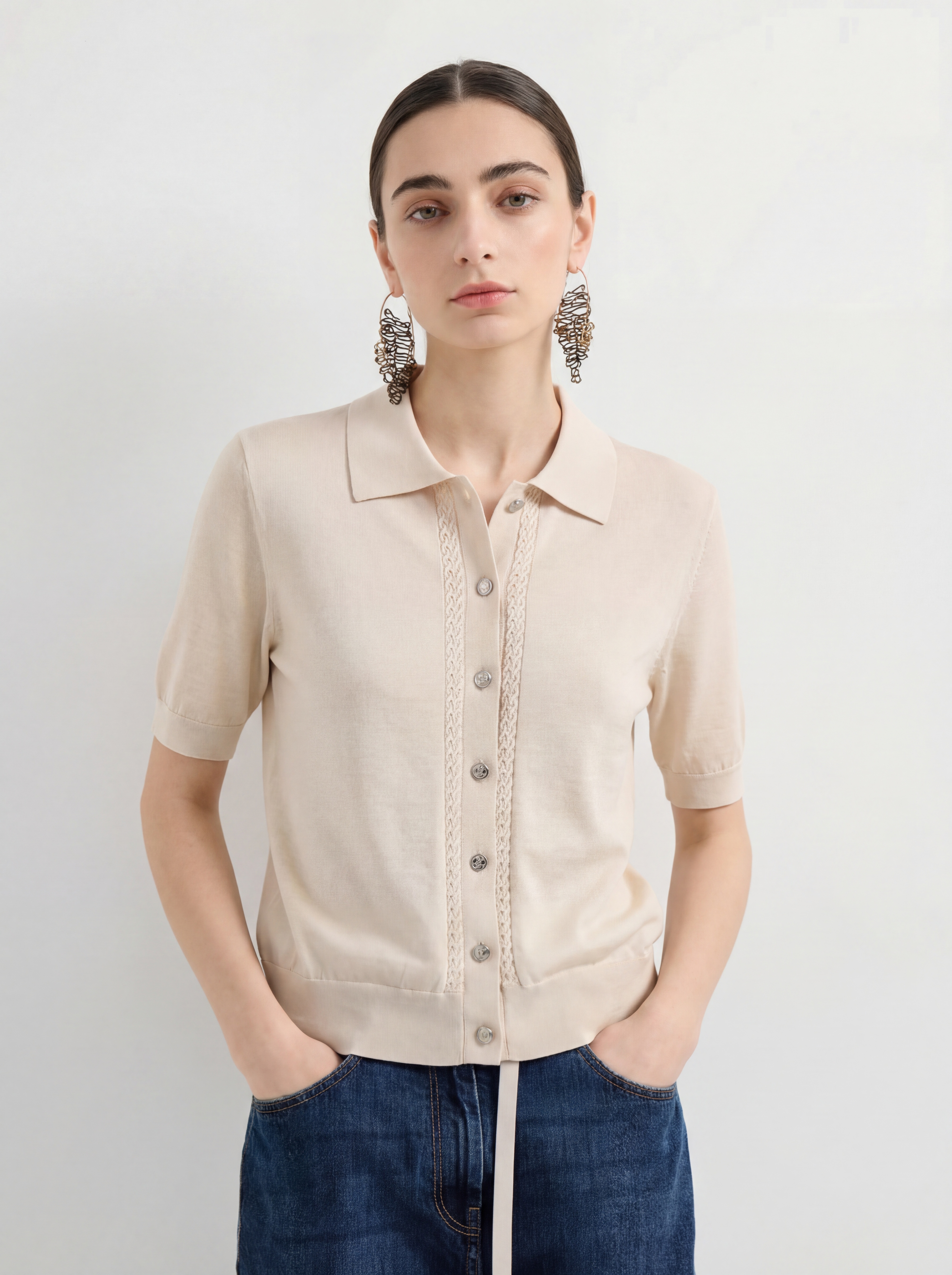 Beige Cotton Short Sleeve Knit Cardigan