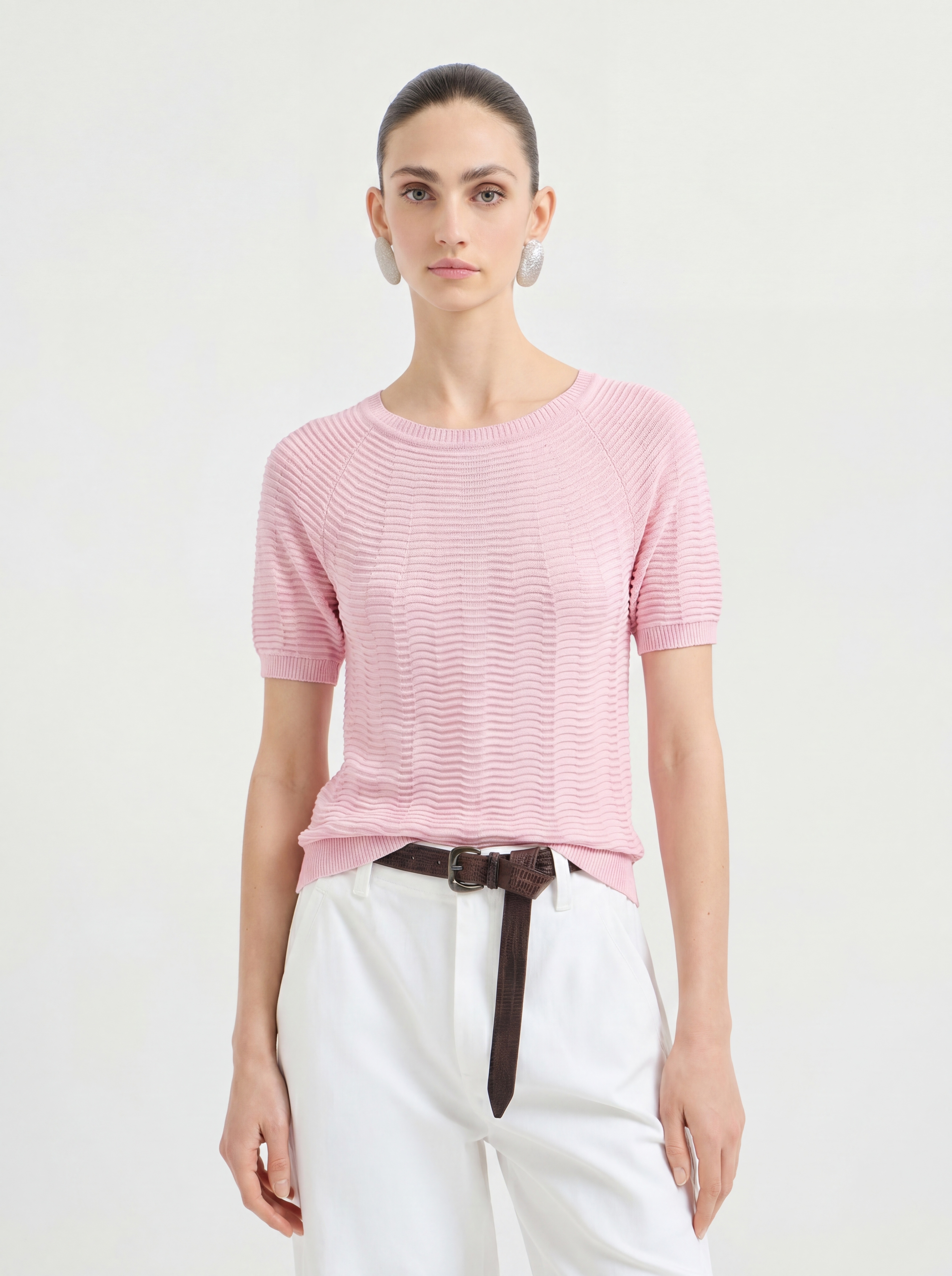 Pink Tencel Short Sleeve Knit Sweater