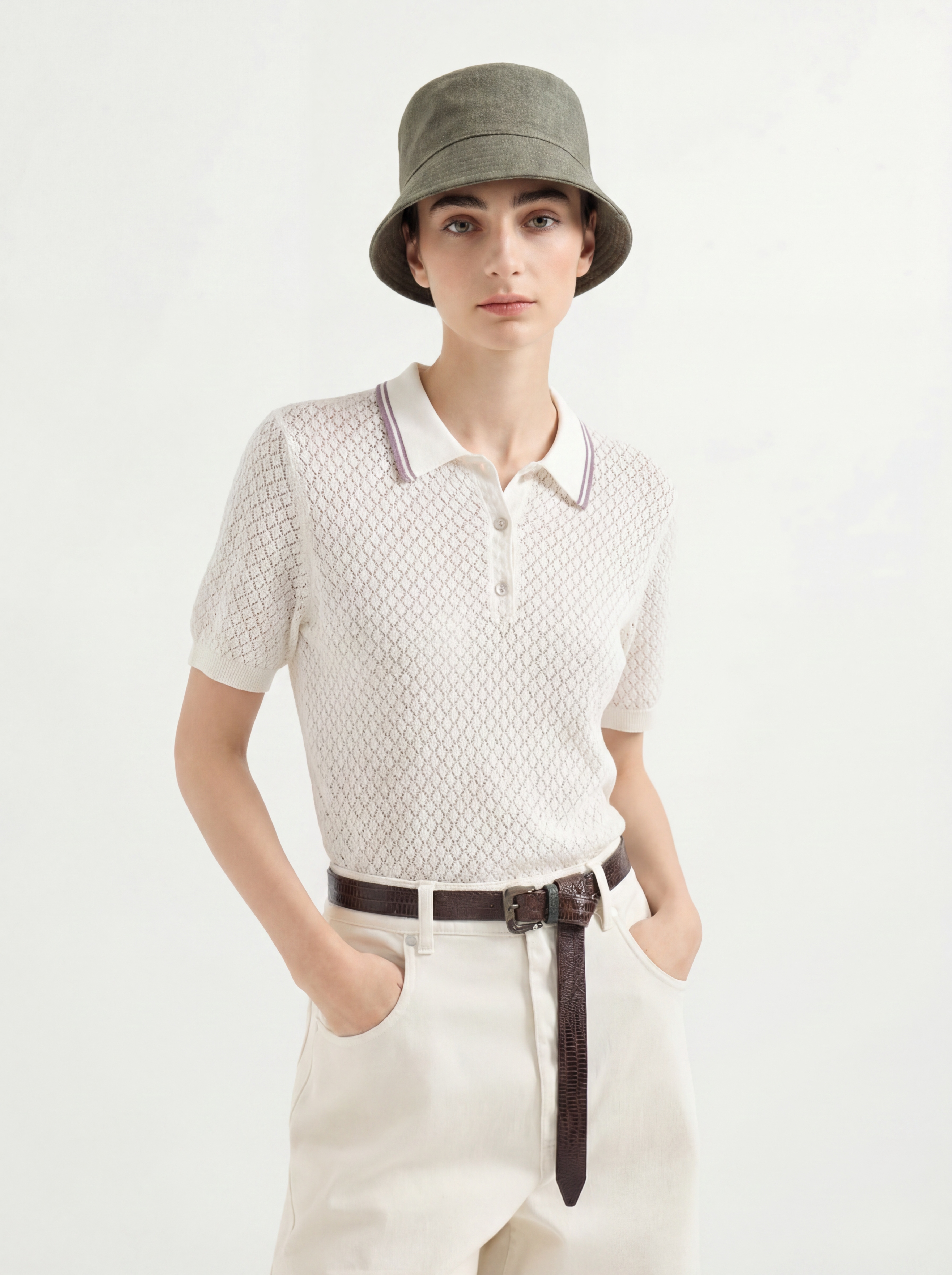 White Tencel Short Sleeve Knit Polo Sweater