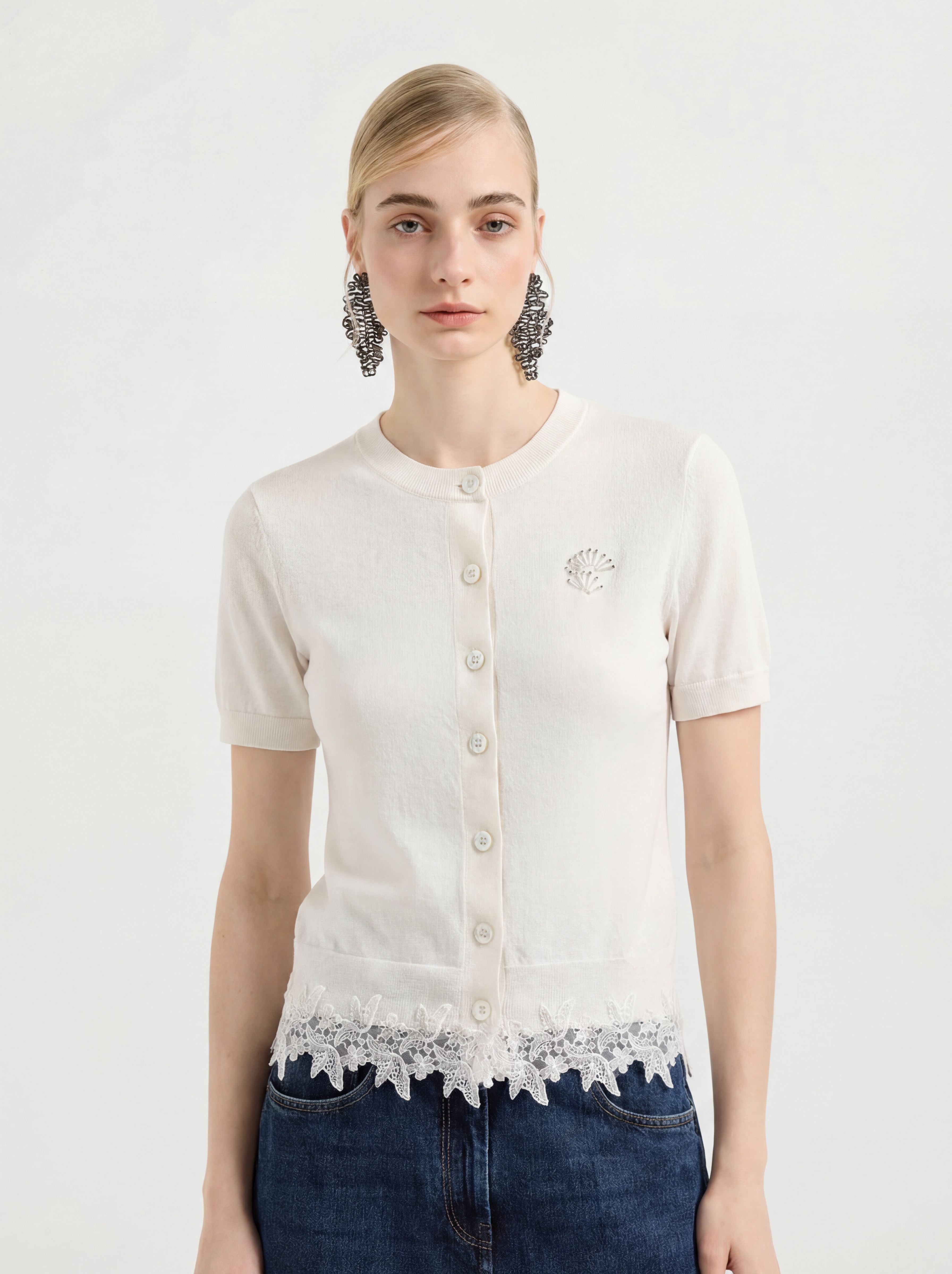 White Lace Short Sleeve Knit Cardigan