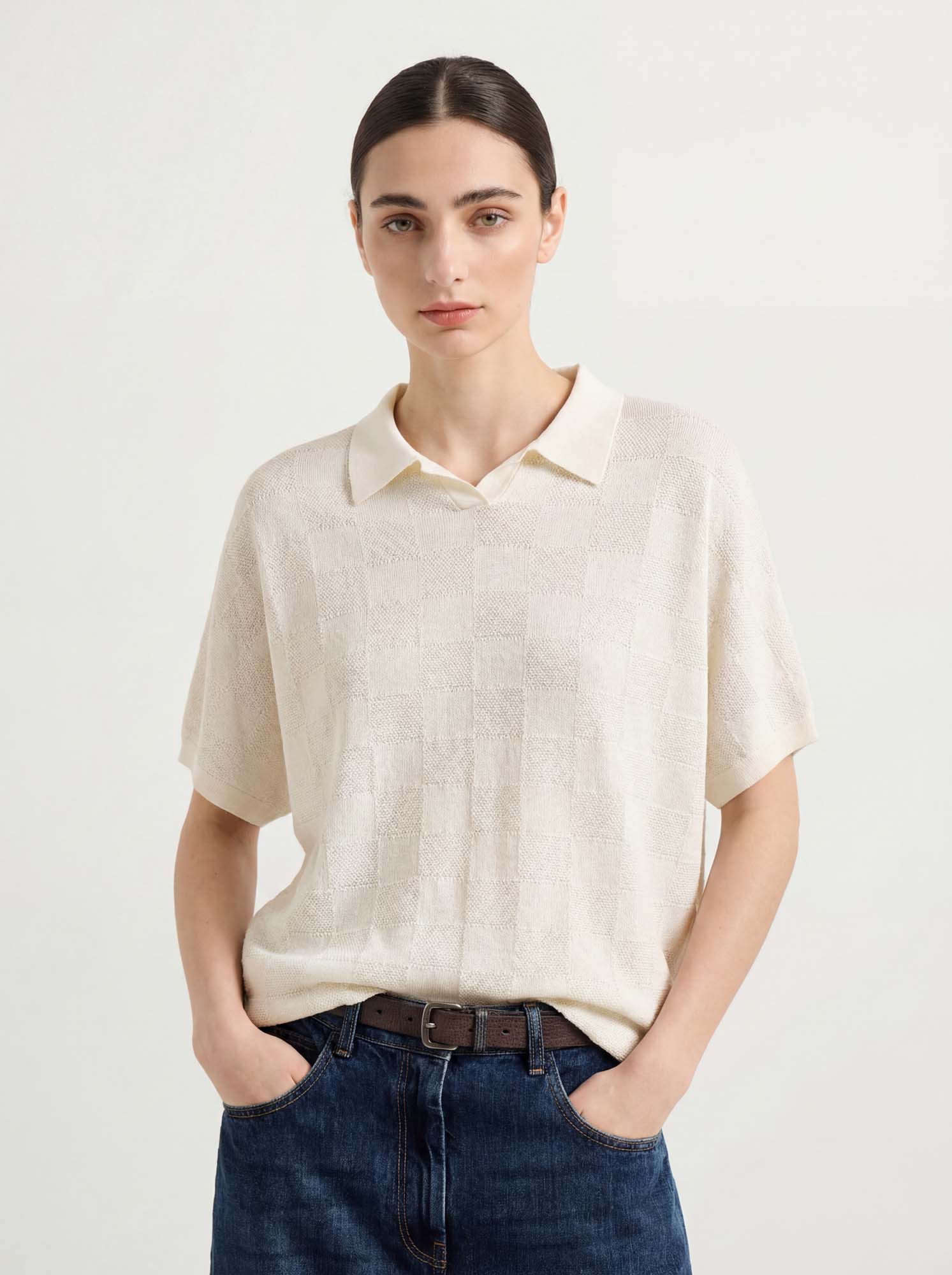 Beige Cotton Short Sleeve Knit Polo Top Women