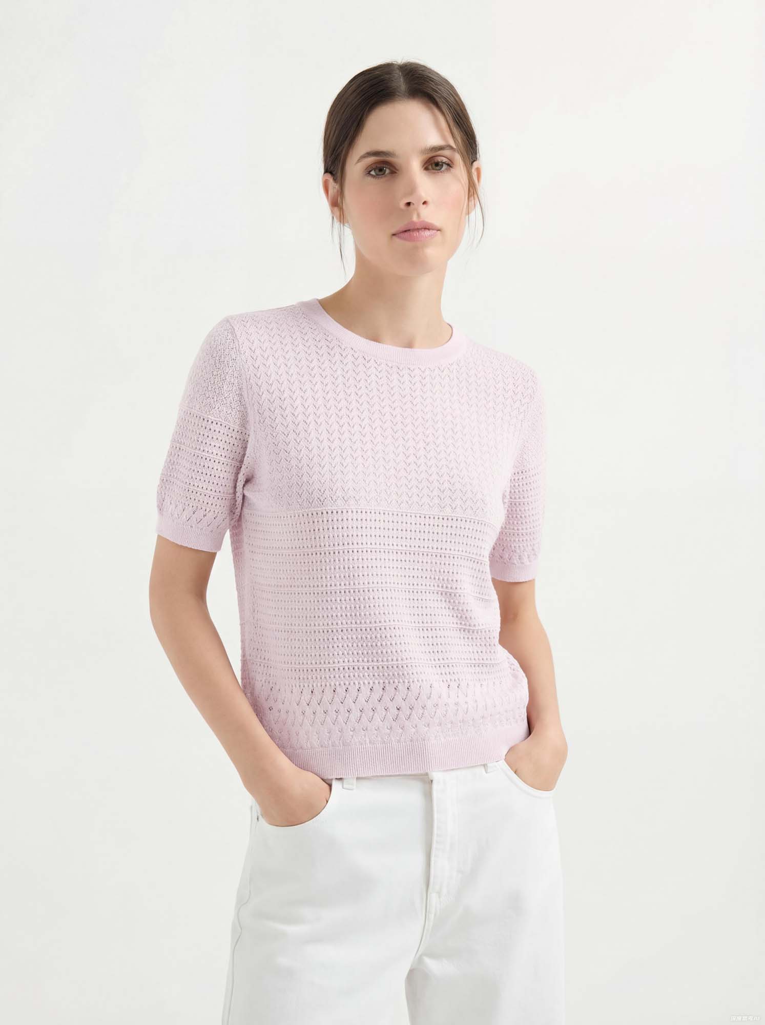 Pink Cotton Short Sleeve Knit Sweater