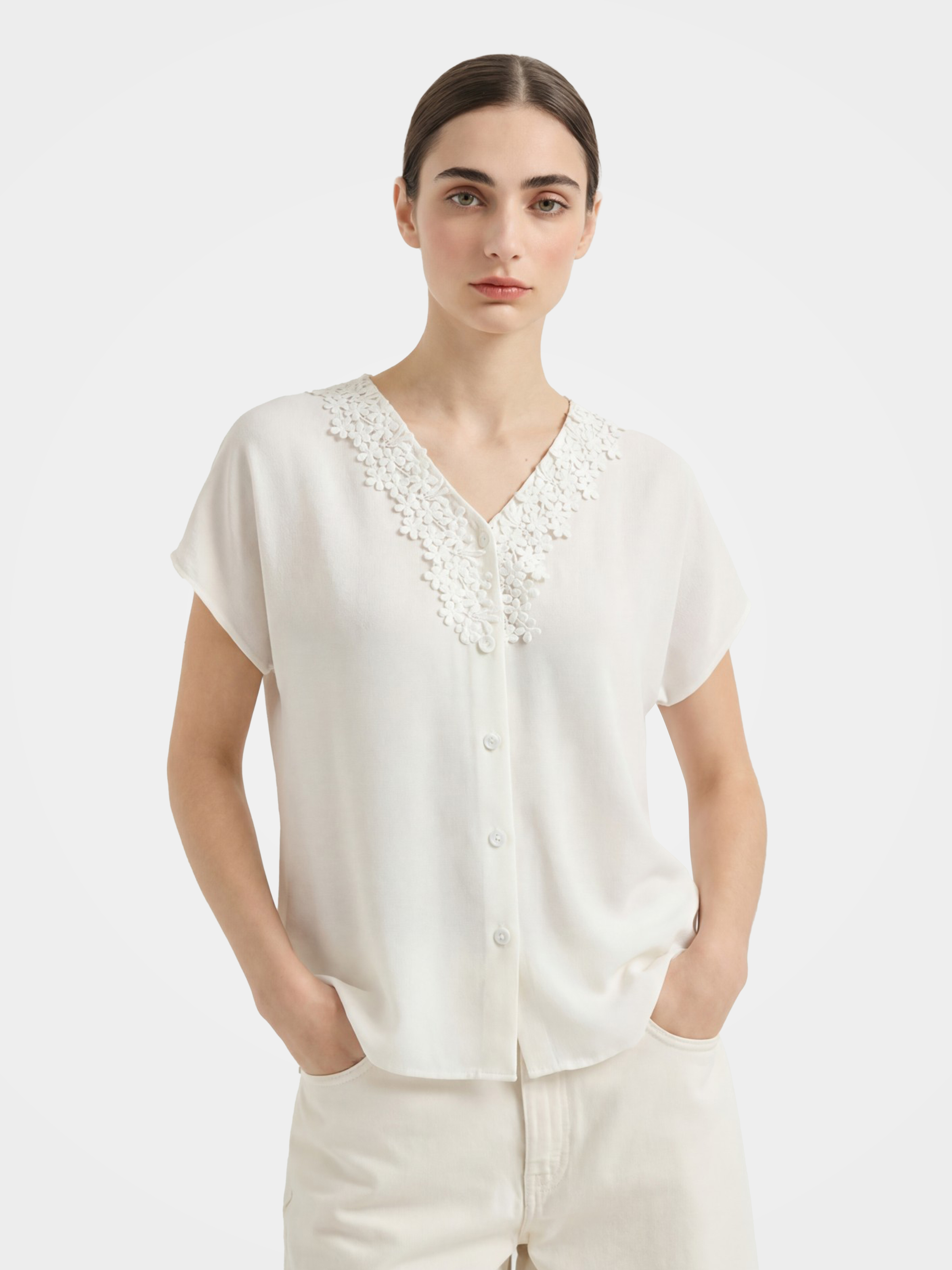 Elegant Silk Cap Sleeve Blouse with Embroidery Detail