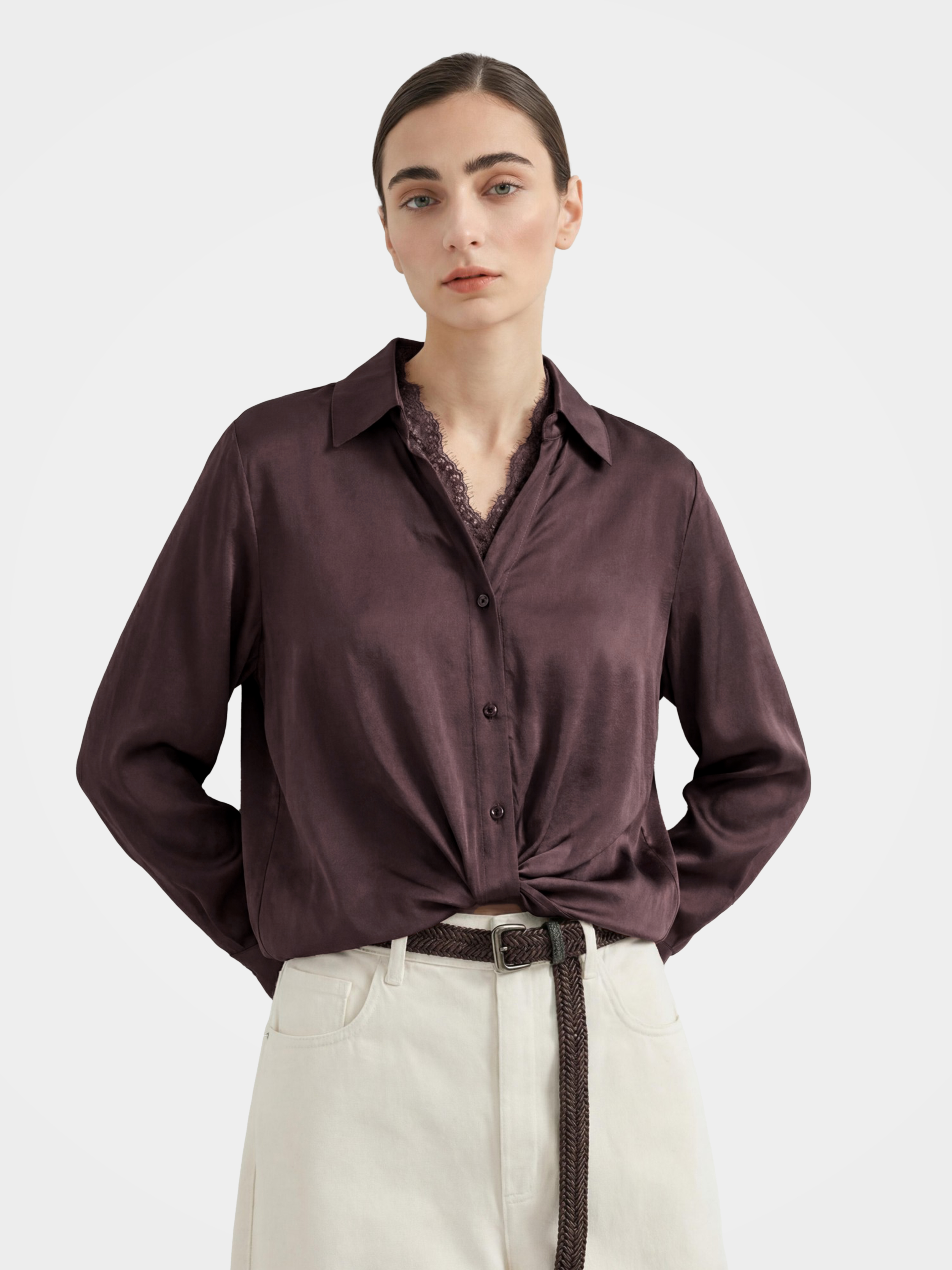 Smooth Mulberry Silk Lace Trim Button Shirt