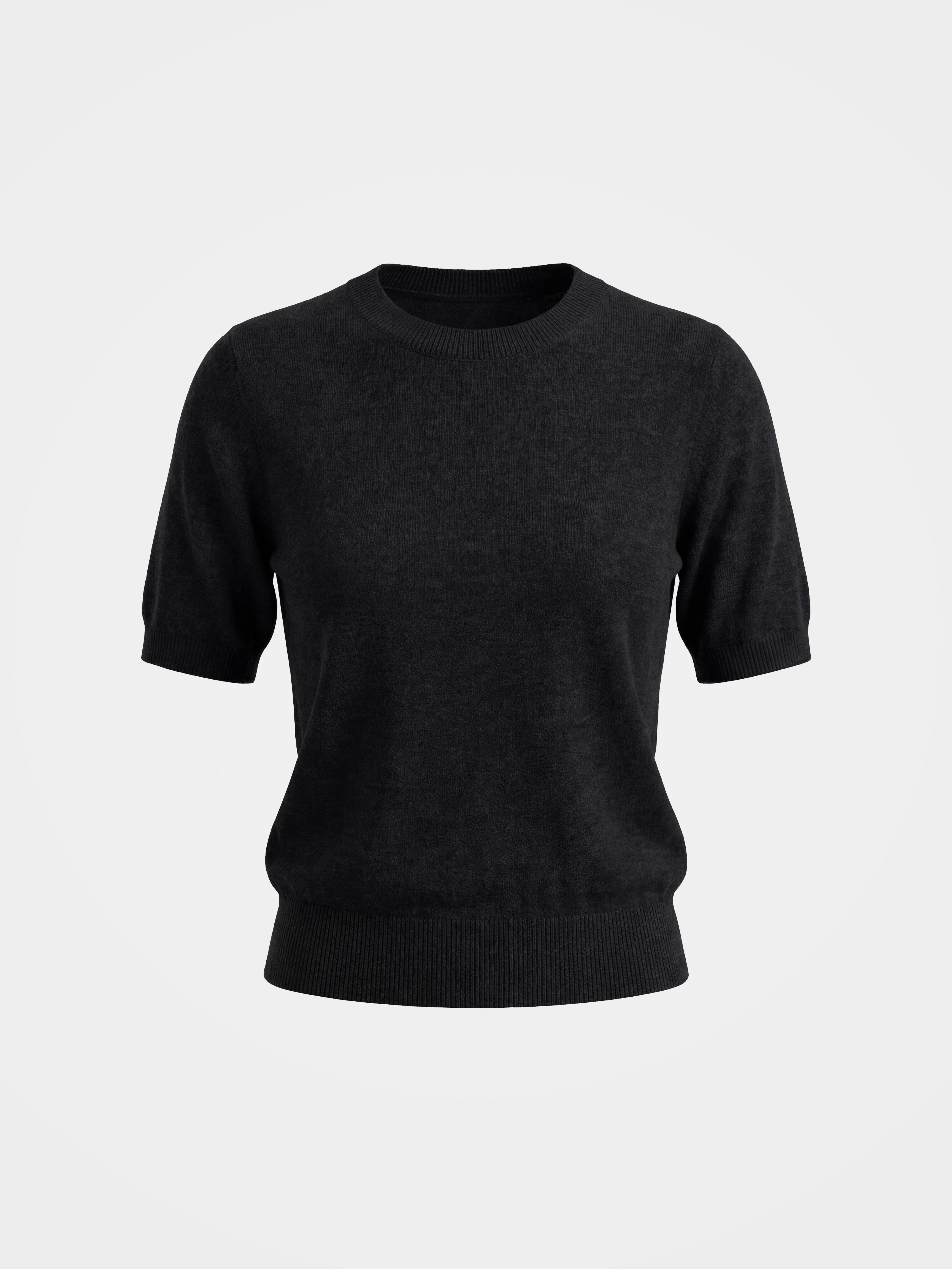 Cashmere Tencel Blend Soft & Lightweight Short Sleeve Knit Top – Crew Neck, Beige/Black/Gray