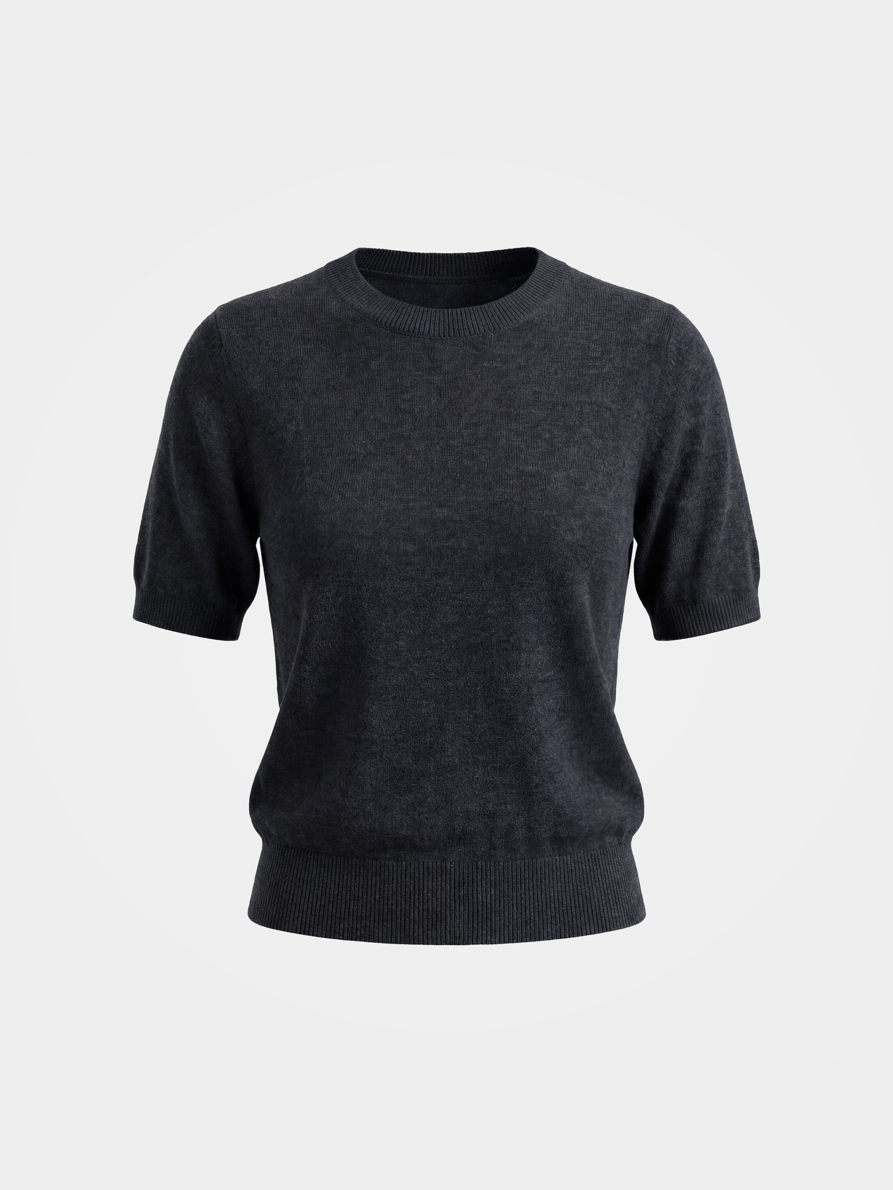 Cashmere Tencel Blend Soft & Lightweight Short Sleeve Knit Top – Crew Neck, Beige/Black/Gray