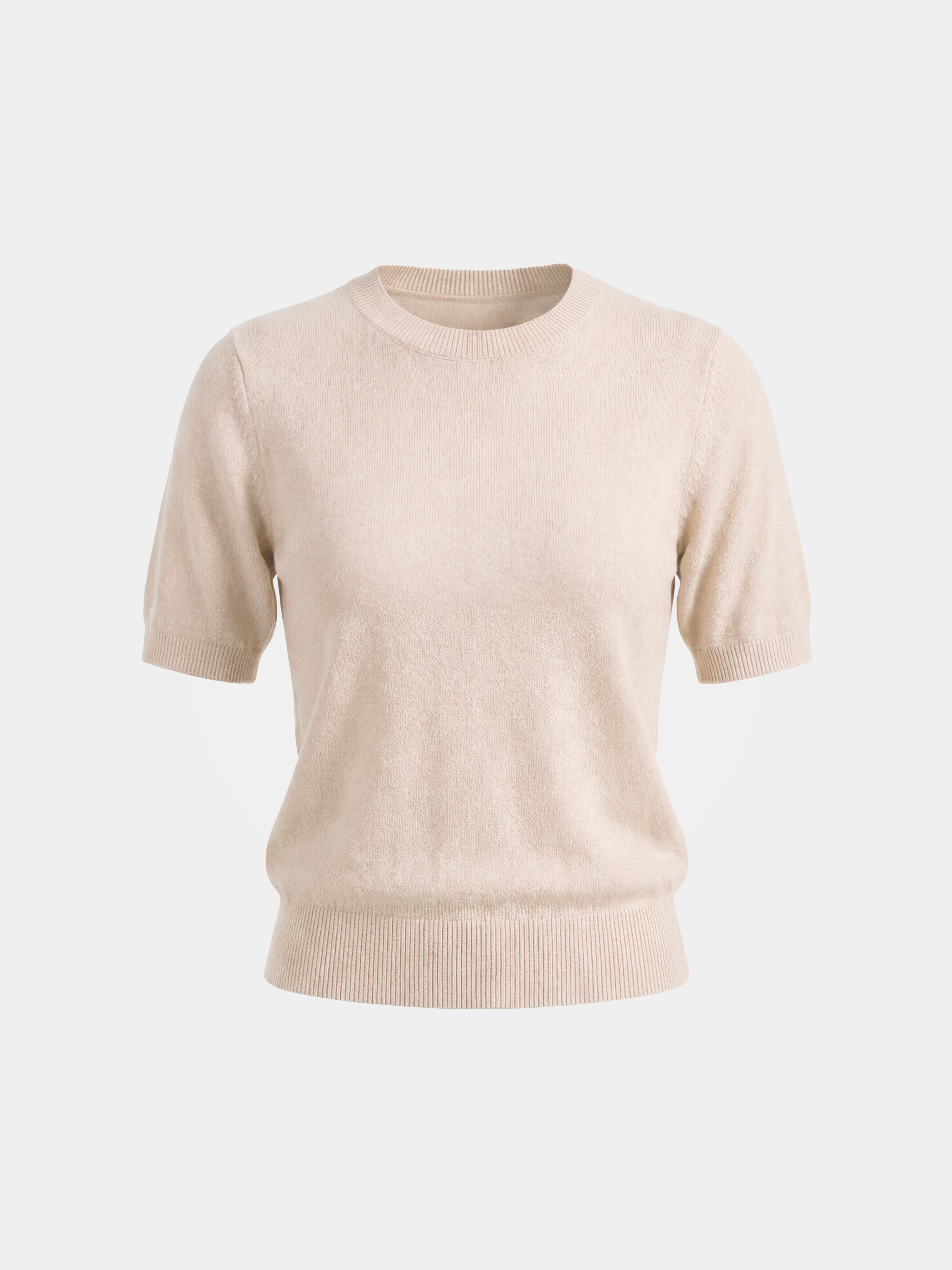 Cashmere Tencel Blend Soft & Lightweight Short Sleeve Knit Top – Crew Neck, Beige/Black/Gray
