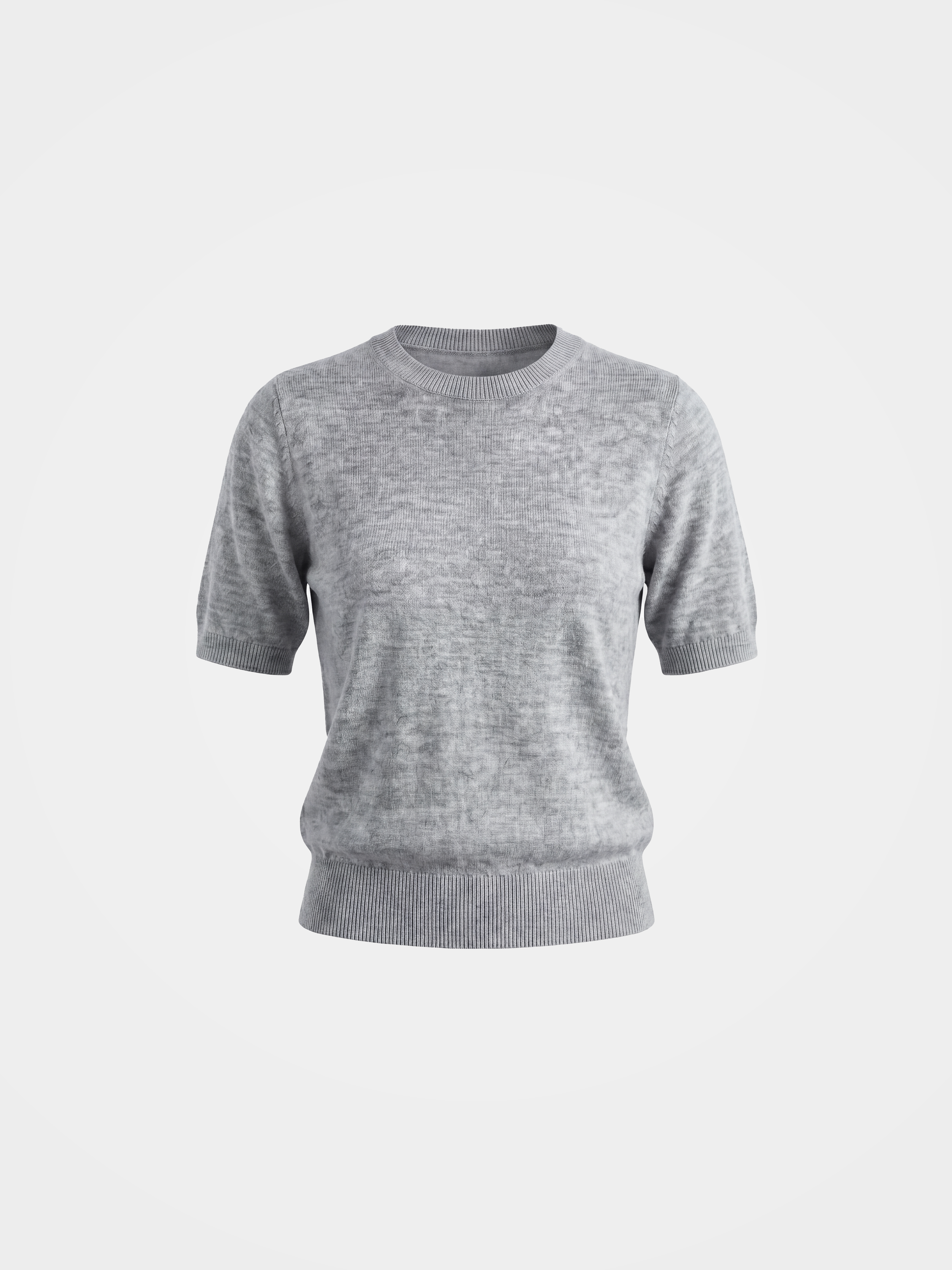 Cashmere Tencel Blend Soft & Lightweight Short Sleeve Knit Top – Crew Neck, Beige/Black/Gray