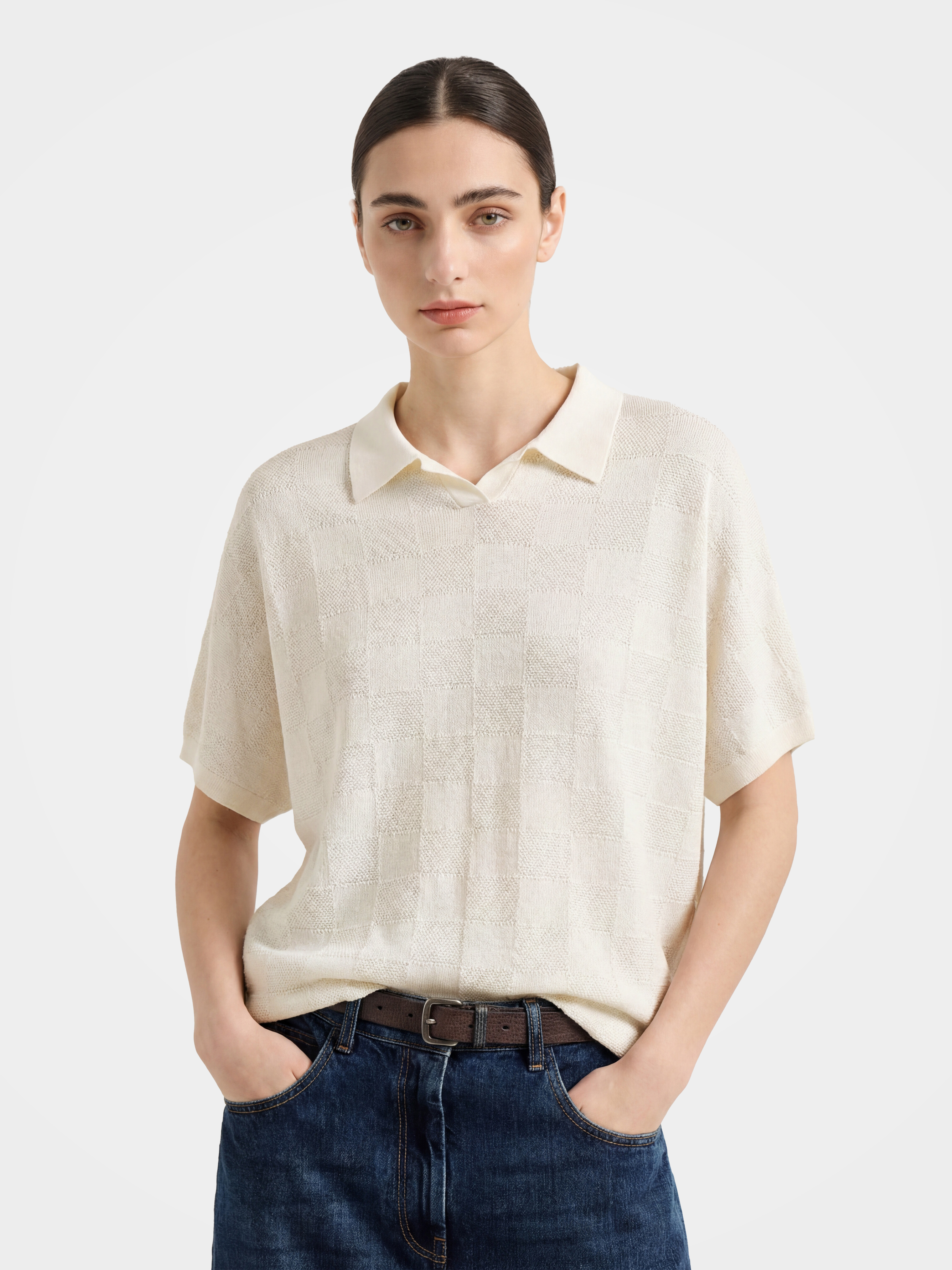 Beige Cotton Short Sleeve Knit Polo Top Women