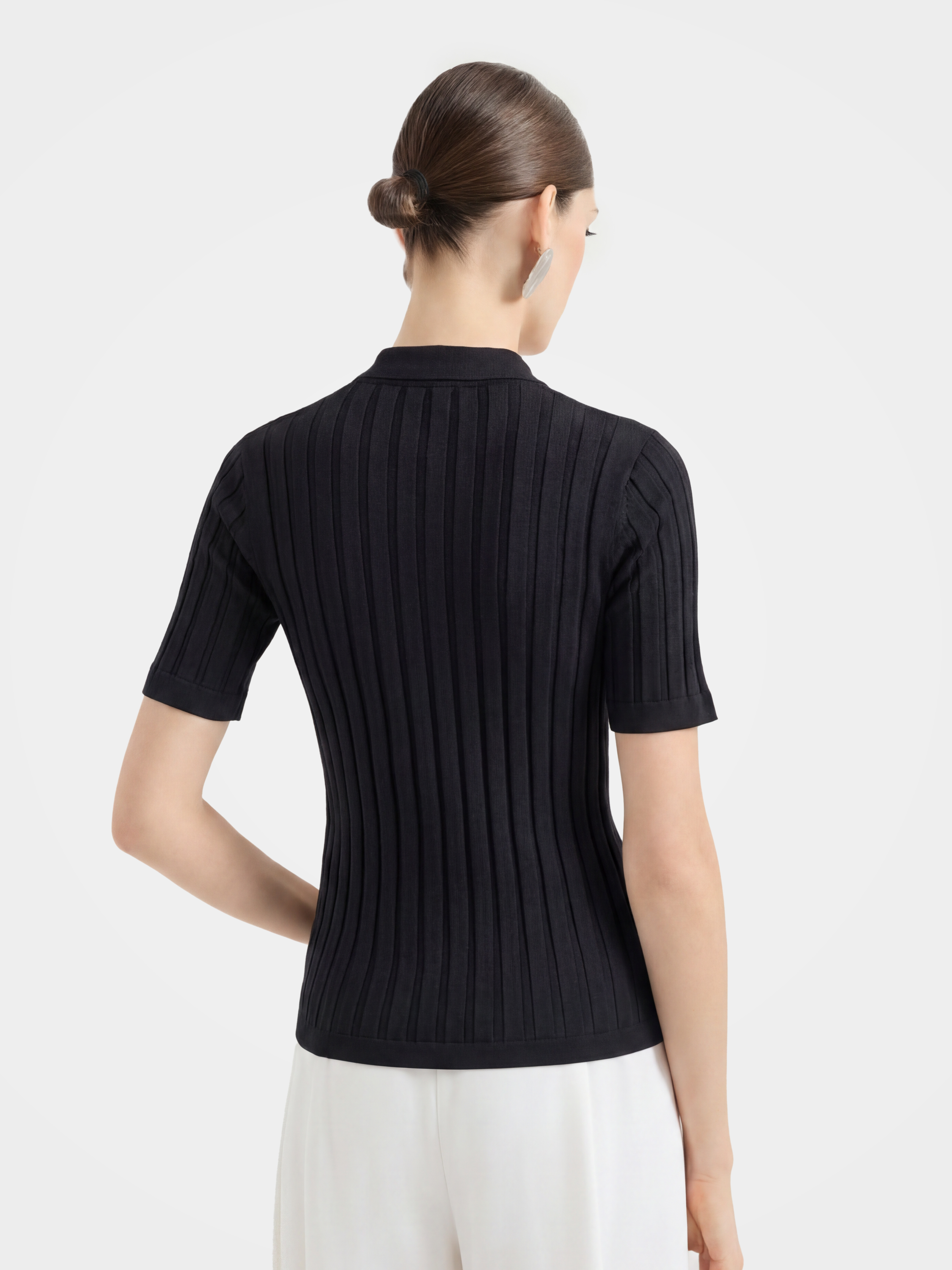 Cooling Tencel Silk Blend Ribbed Knit Polo Top