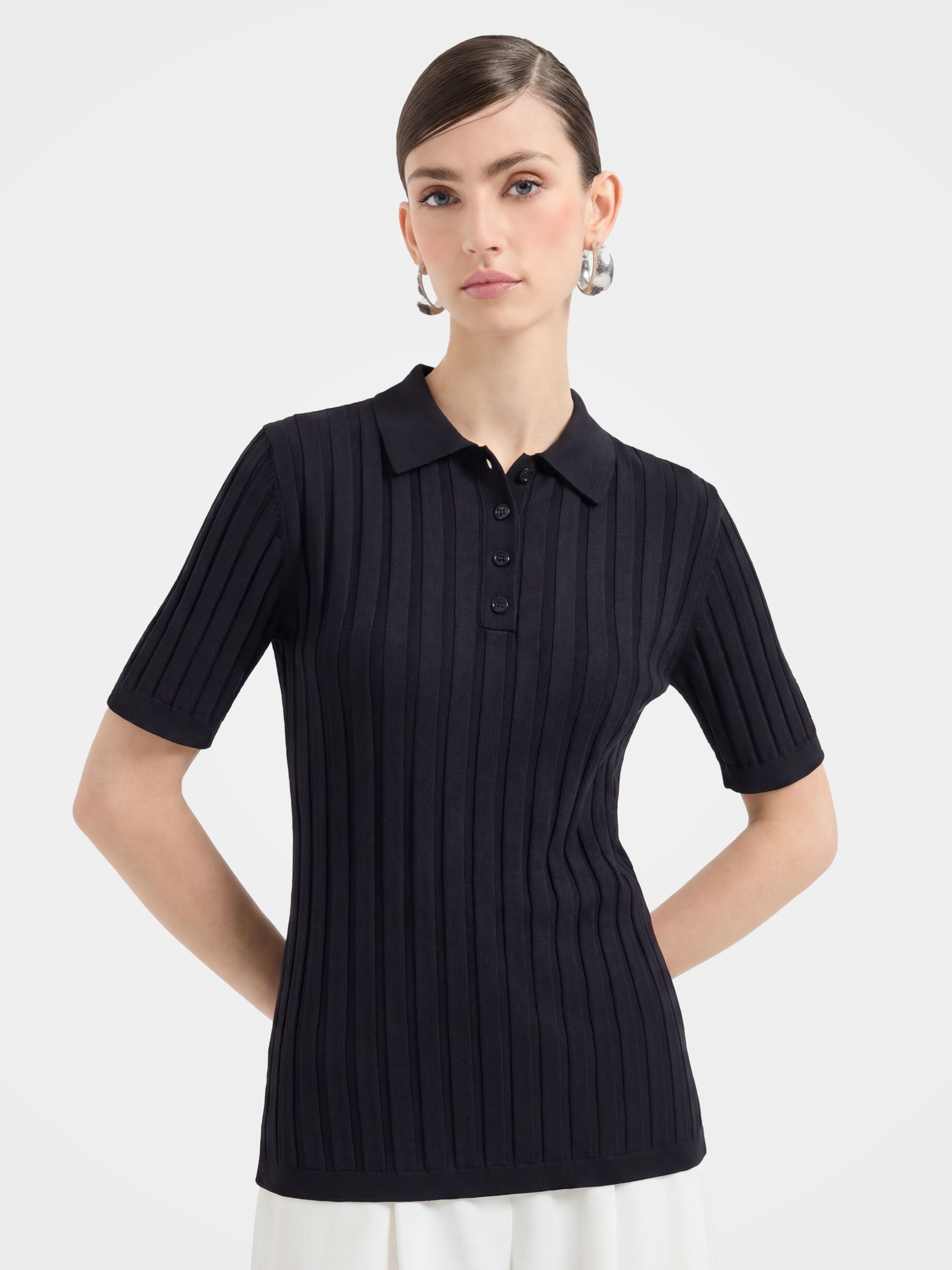 Cooling Tencel Silk Blend Ribbed Knit Polo Top