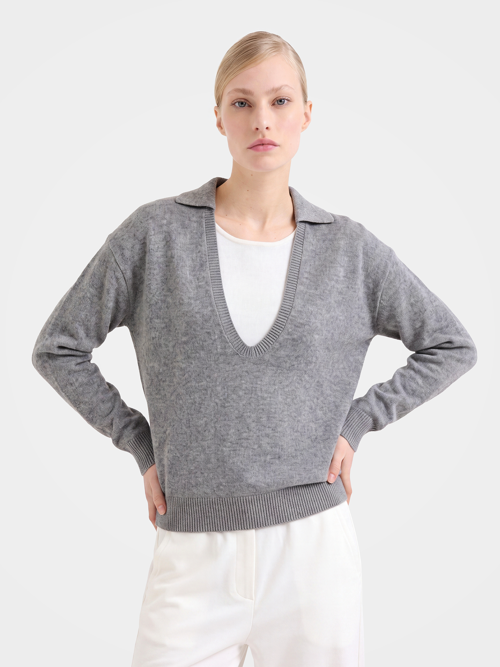 100% Mongolian Cashmere Sweater Faux Two Piece Layered Collar Soft Warm Luxury Knit Top