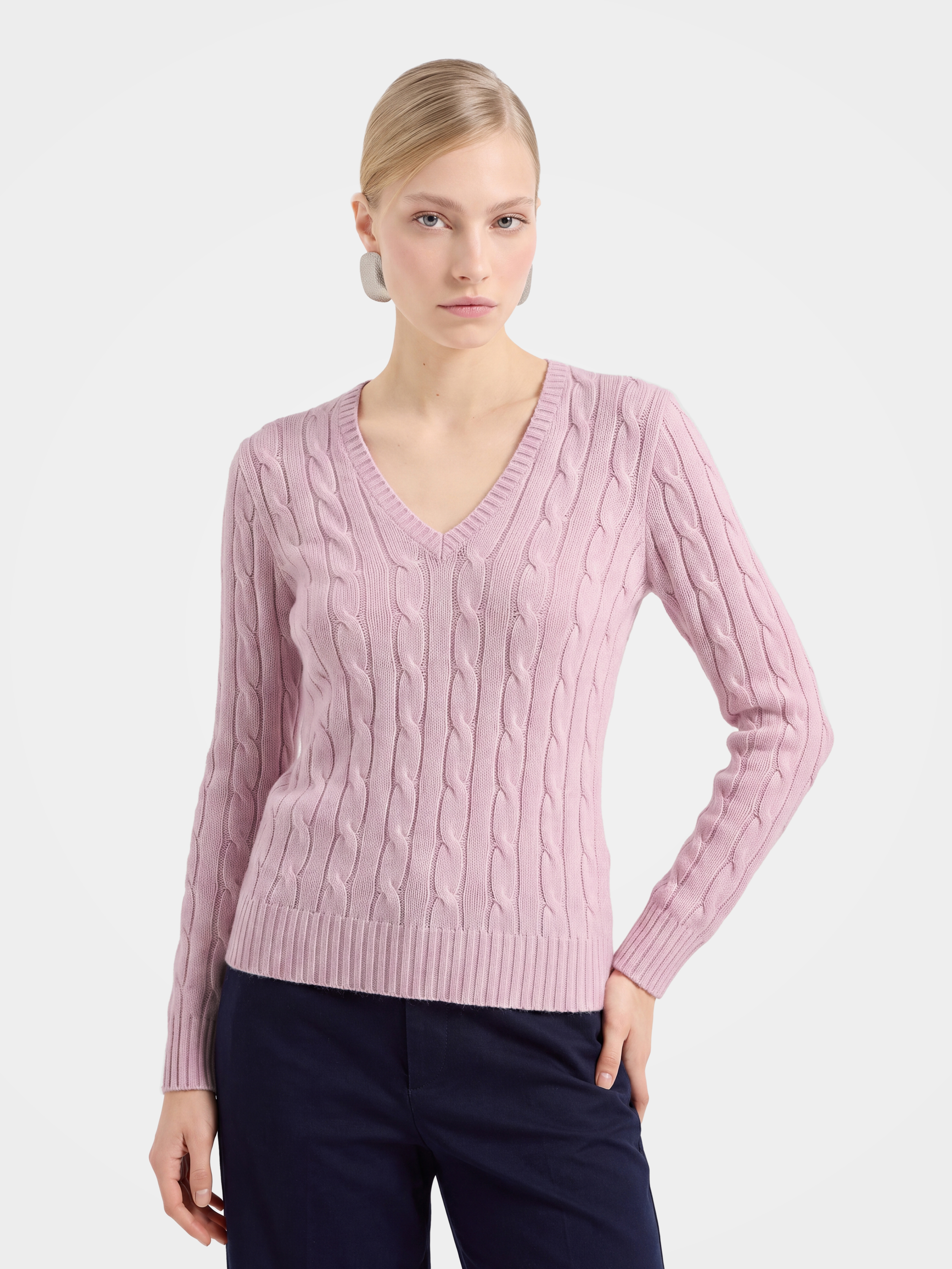 00% Mongolian Cashmere Classic Cable Knit V-Neck Sweater