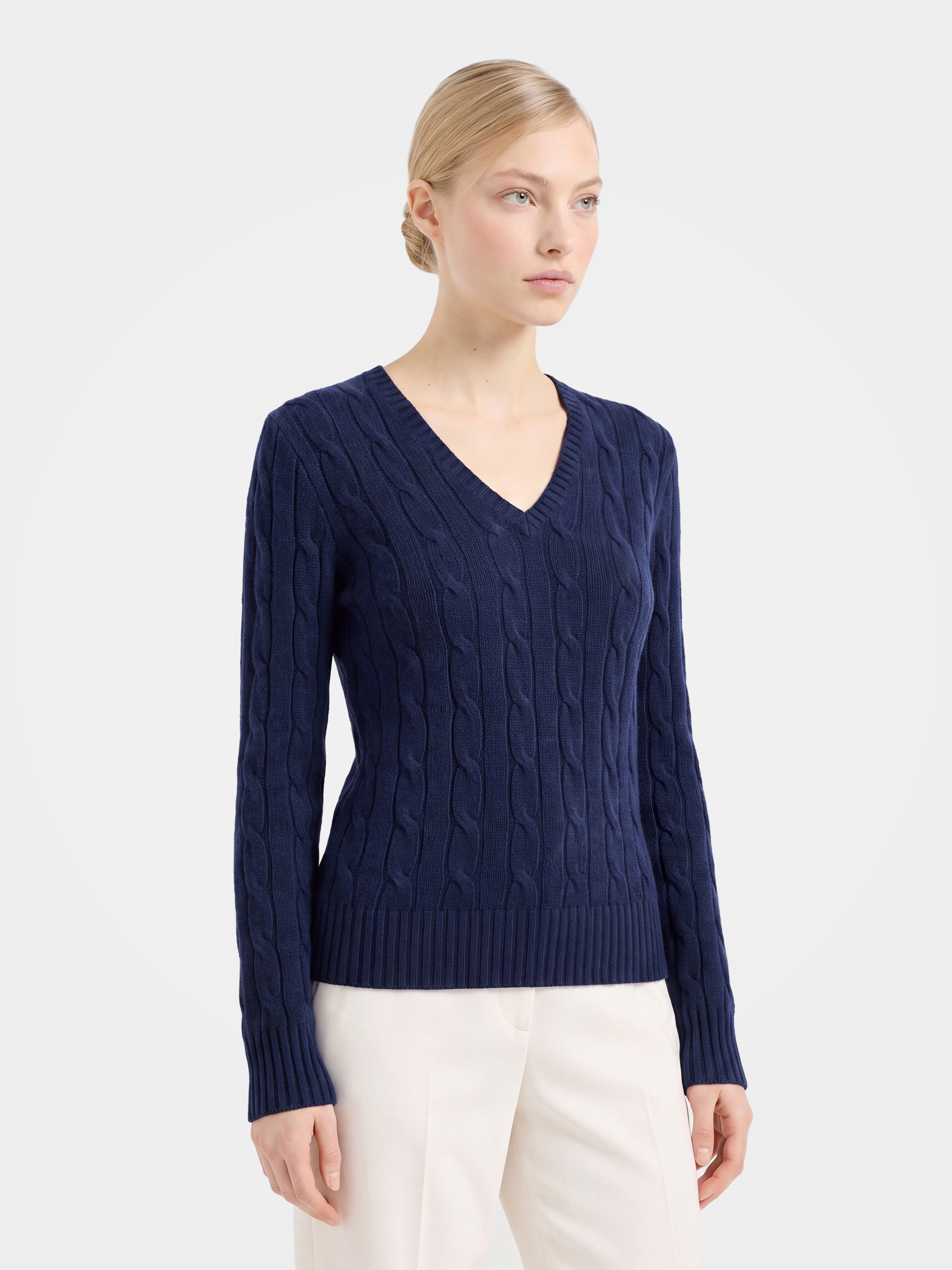 00% Mongolian Cashmere Classic Cable Knit V-Neck Sweater