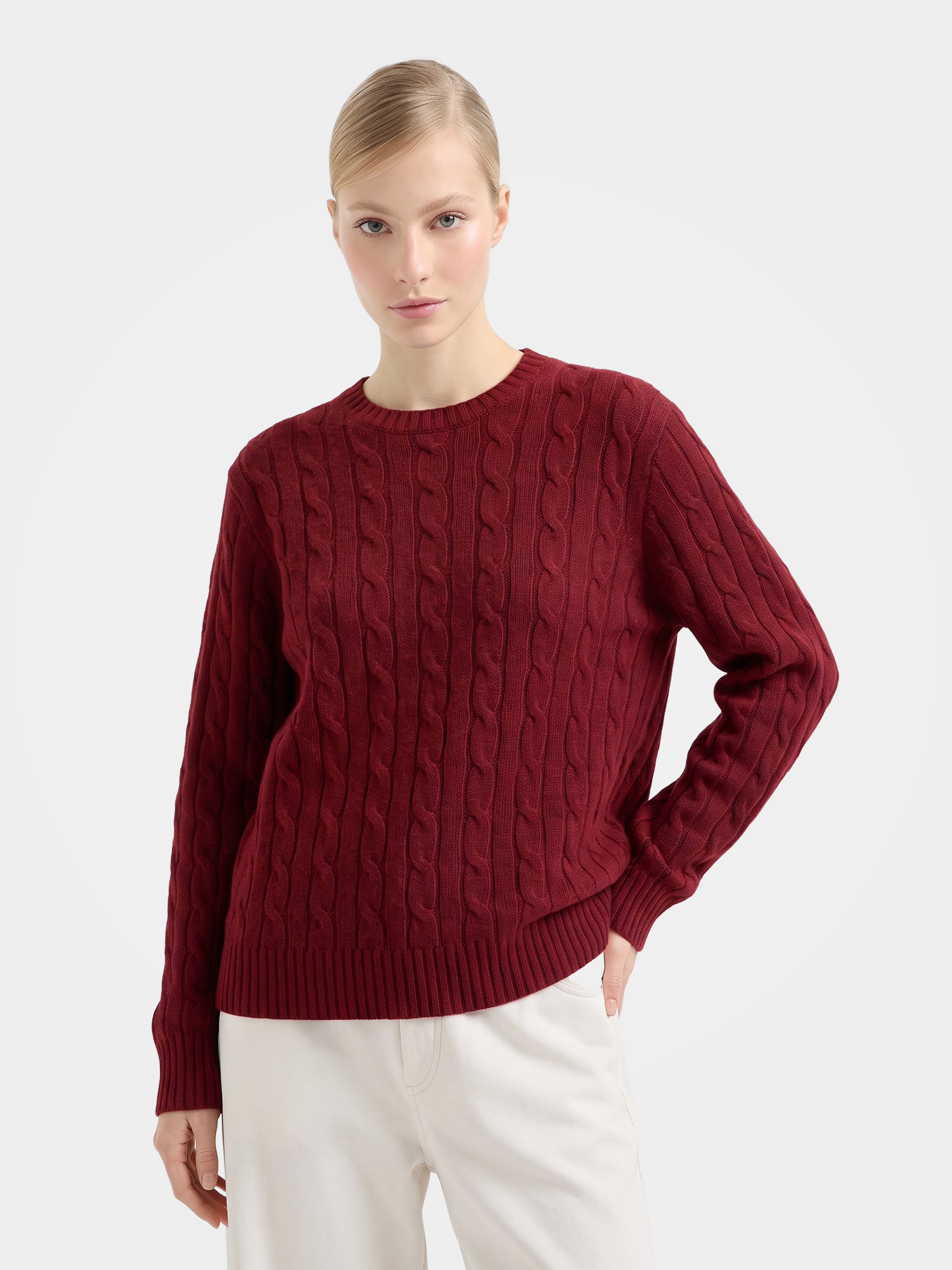 100% Mongolian Cashmere Cable Knit Crew Neck Sweater