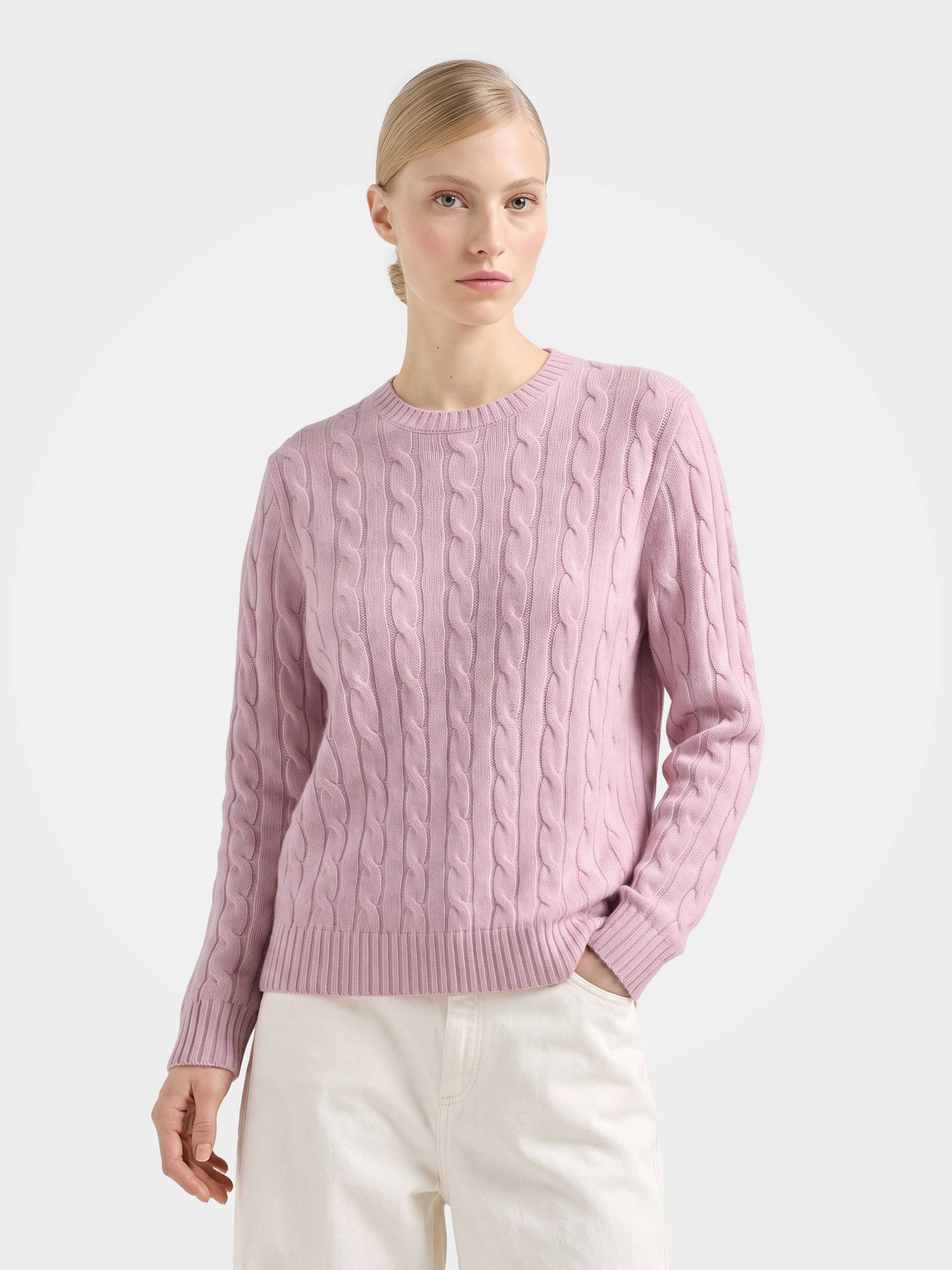 100% Mongolian Cashmere Cable Knit Crew Neck Sweater
