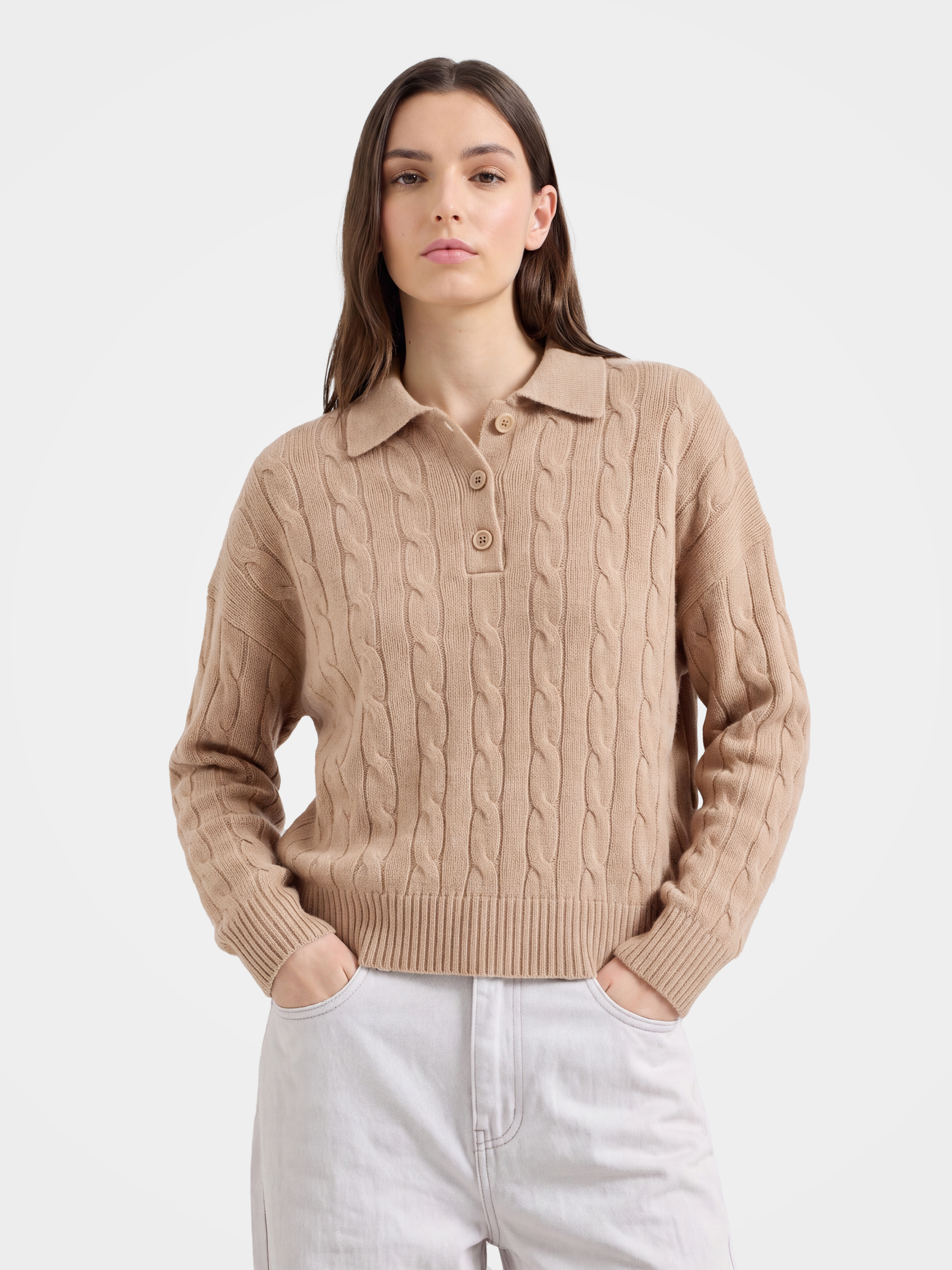 100% Mongolian Cashmere Cable Knit Polo Sweater