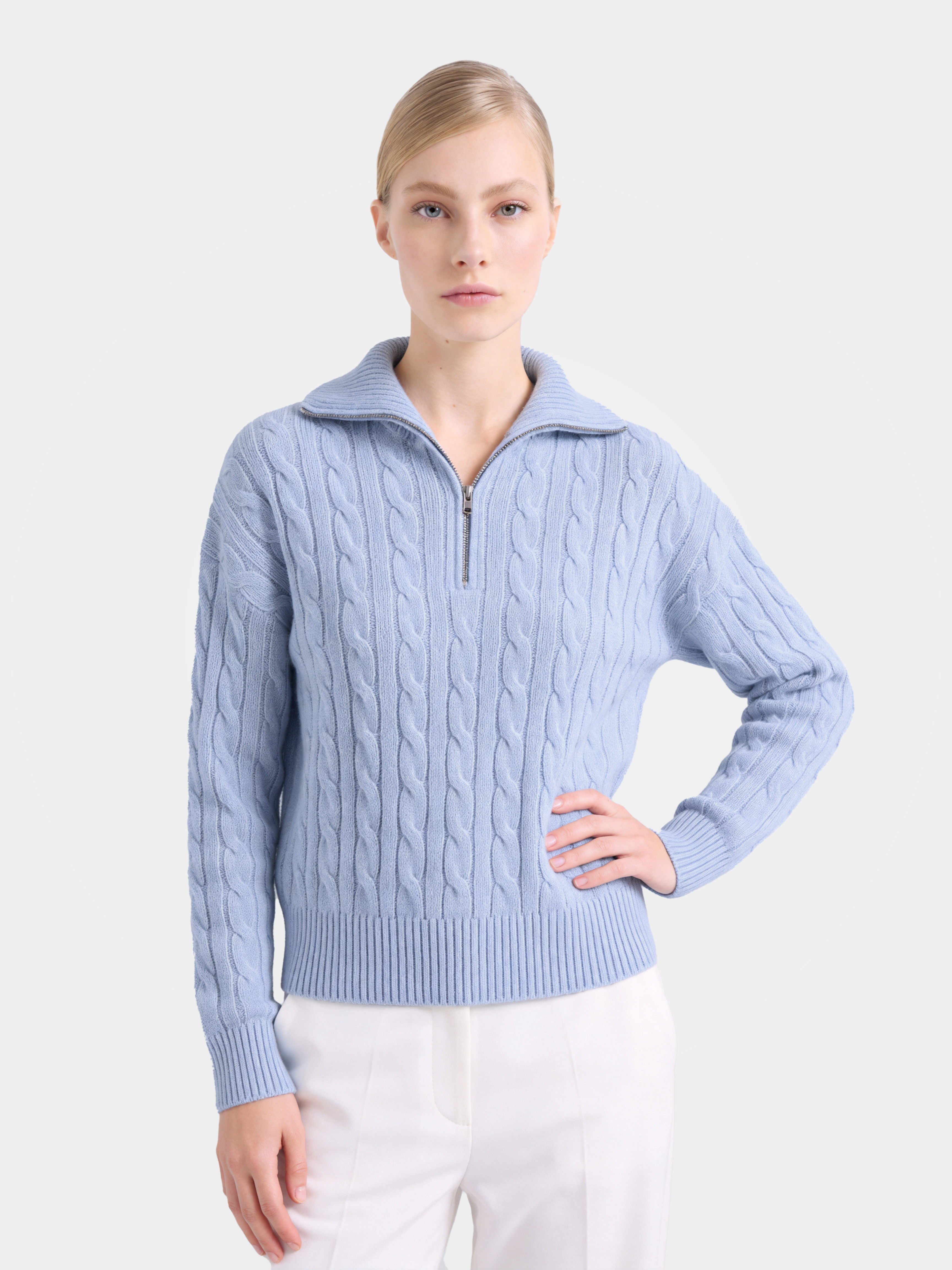 100% Mongolian Cashmere Cable Knit Half-Zip Polo Sweater