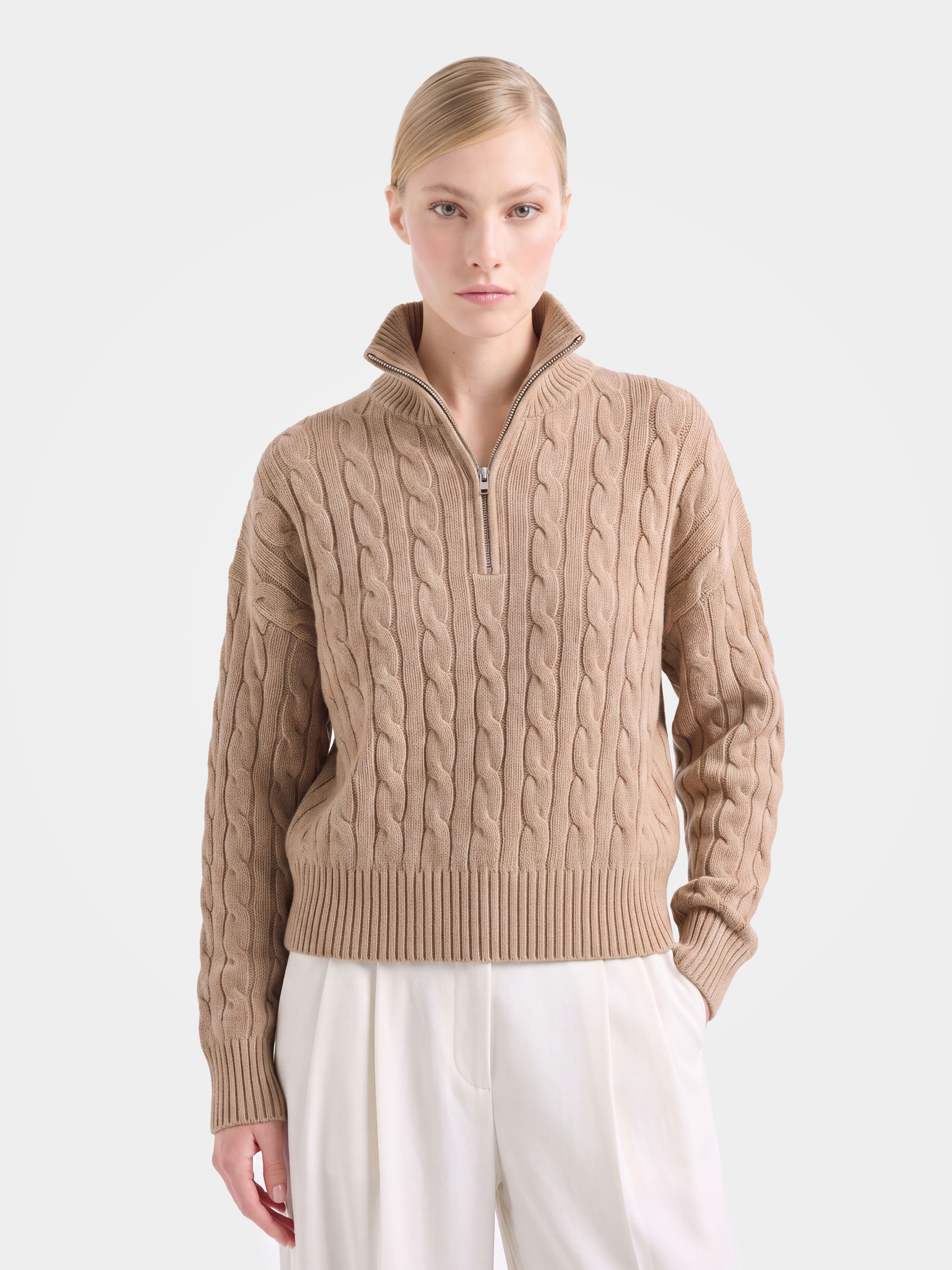 100% Mongolian Cashmere Cable Knit Half-Zip Polo Sweater