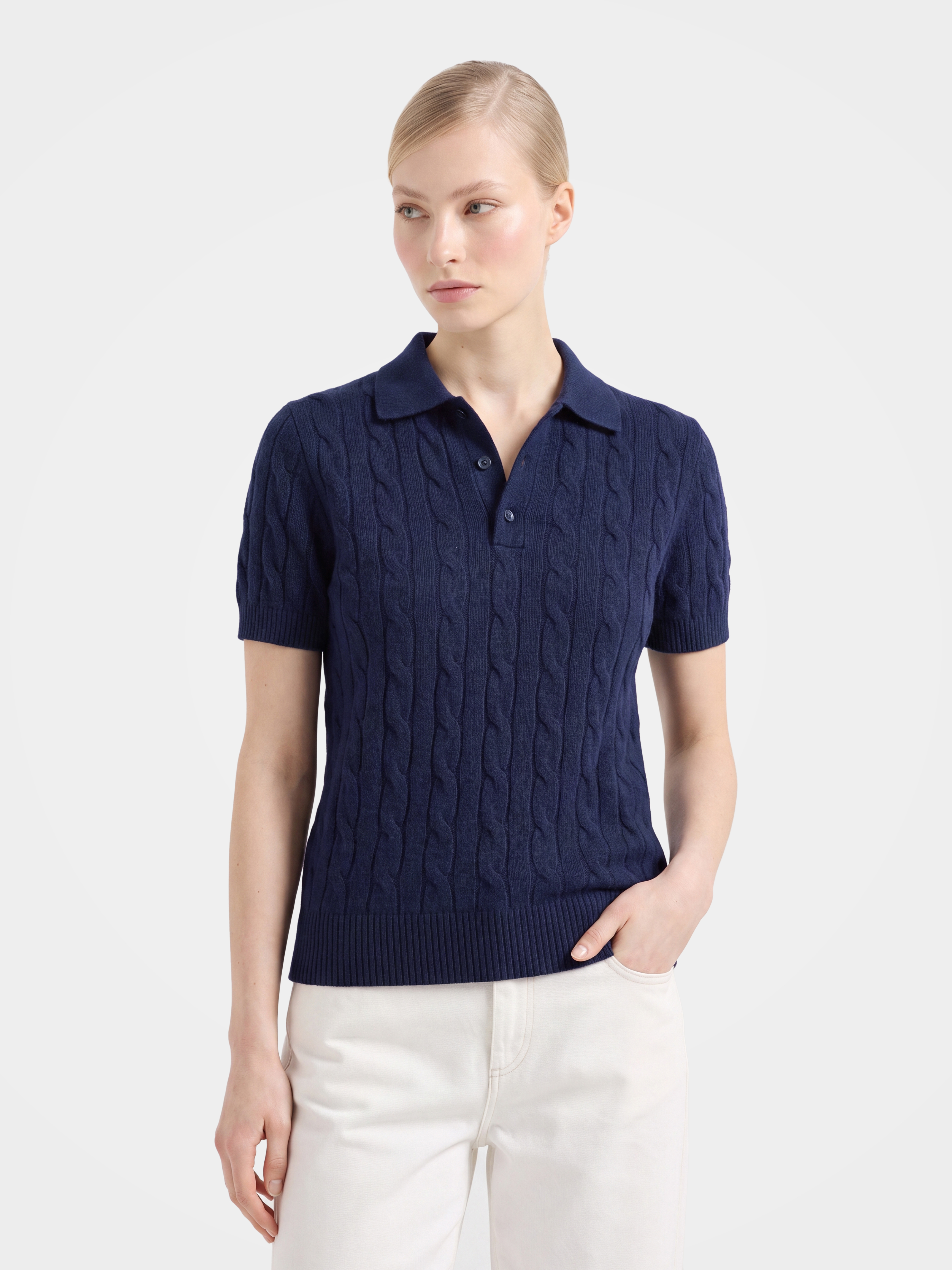 100% Mongolian Cashmere Cable Knit Short Sleeve Polo Sweater
