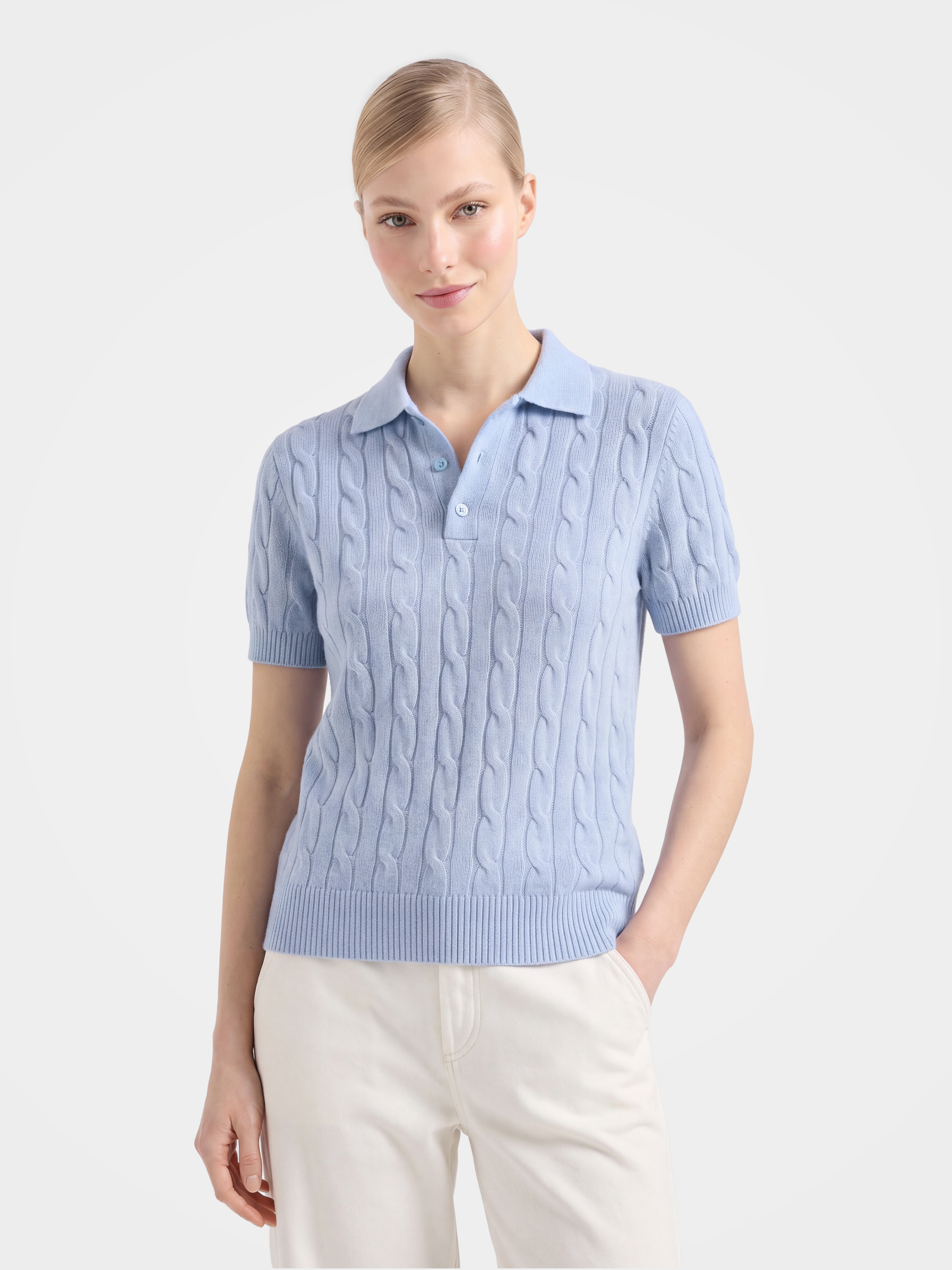 100% Mongolian Cashmere Cable Knit Short Sleeve Polo Sweater