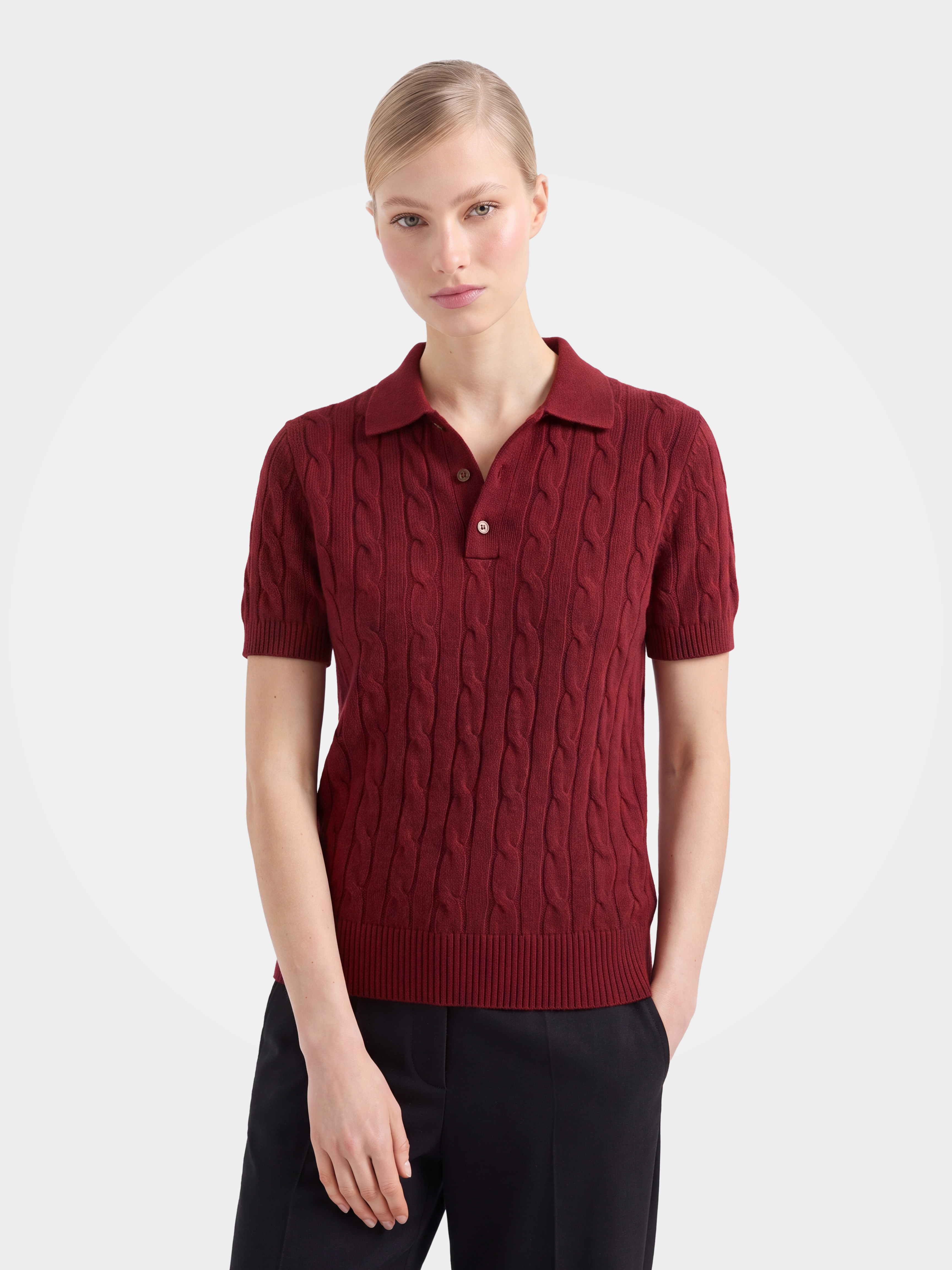 100% Mongolian Cashmere Cable Knit Short Sleeve Polo Sweater