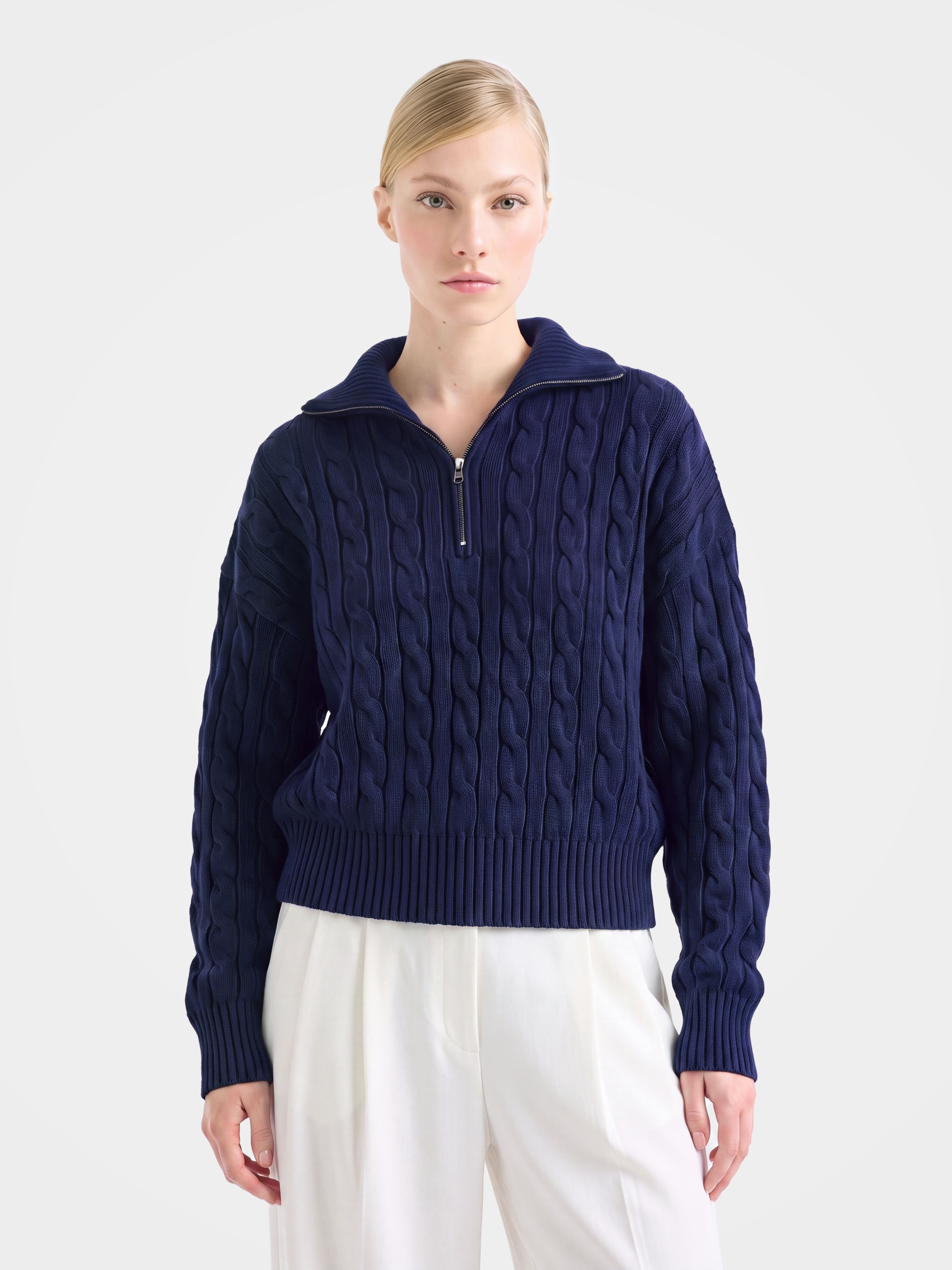100% Mongolian Cashmere Cable Knit Half-Zip Polo Sweater