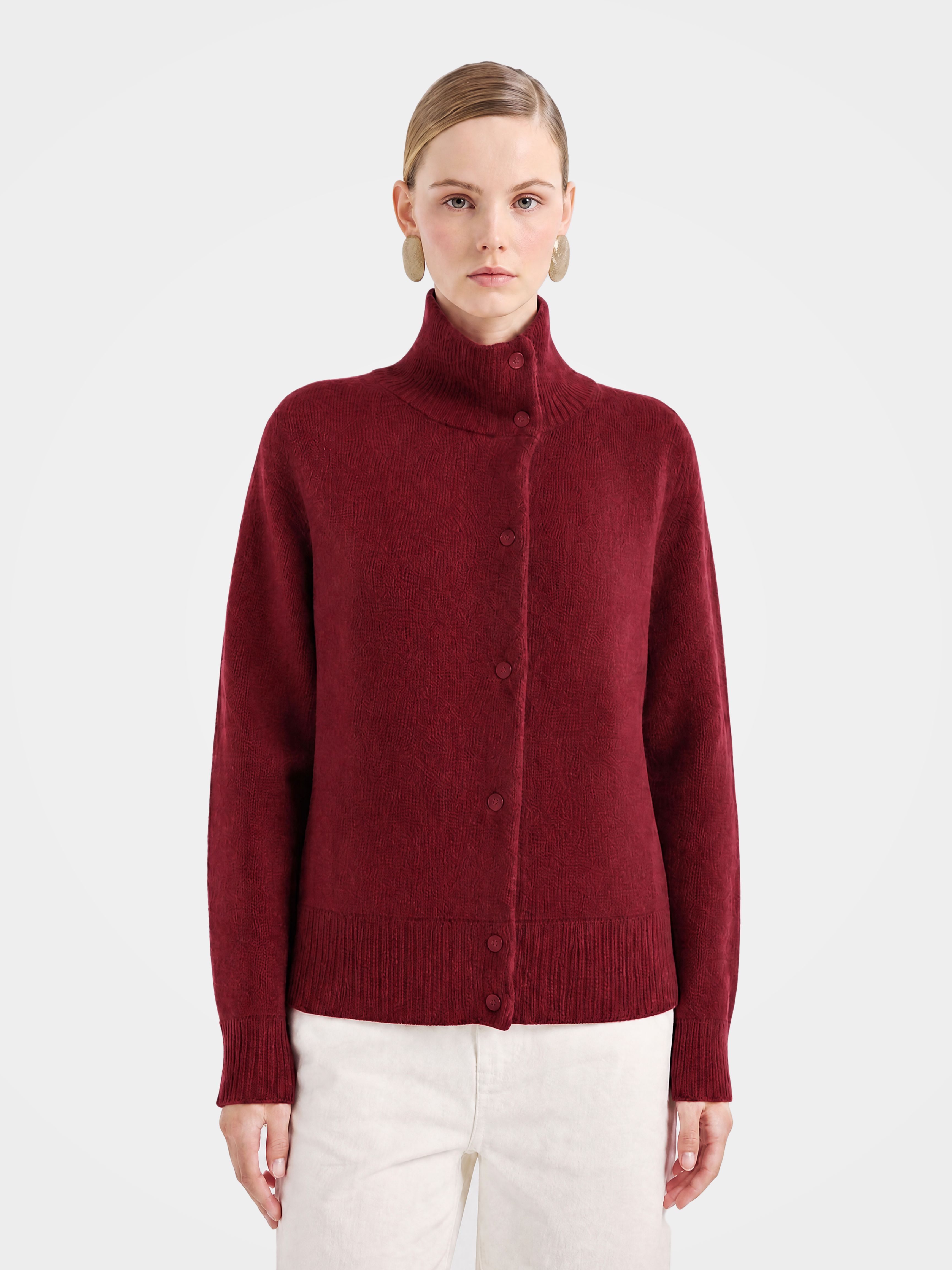 Pre-Order | 100% Wool Mock Neck Sweater Soft Relaxed Fit Knit Cardigan (10-14 Business Days)