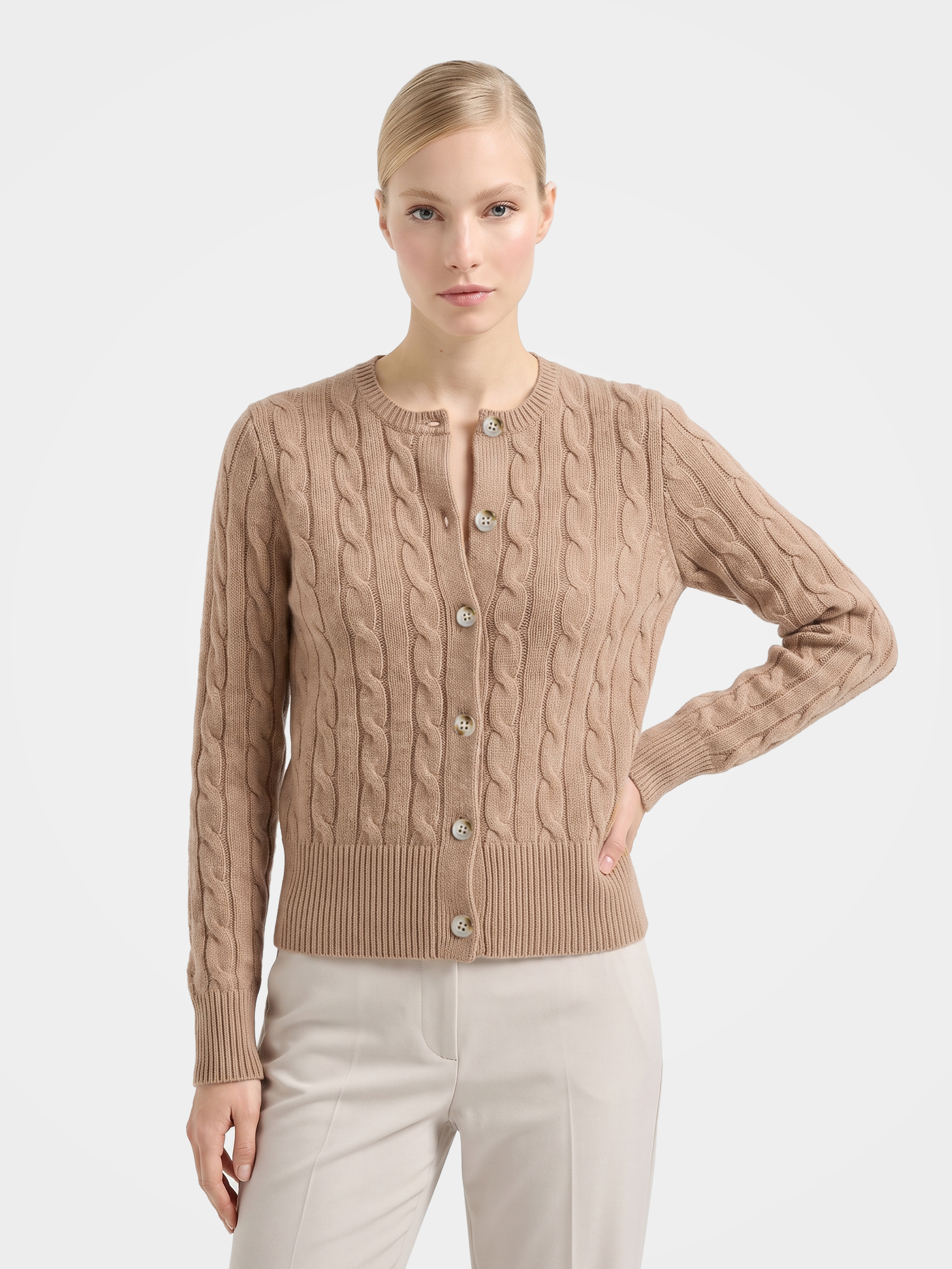 Women’s 100% Cashmere Cardigan Cable Knit Crew Neck Button-Front Sweater