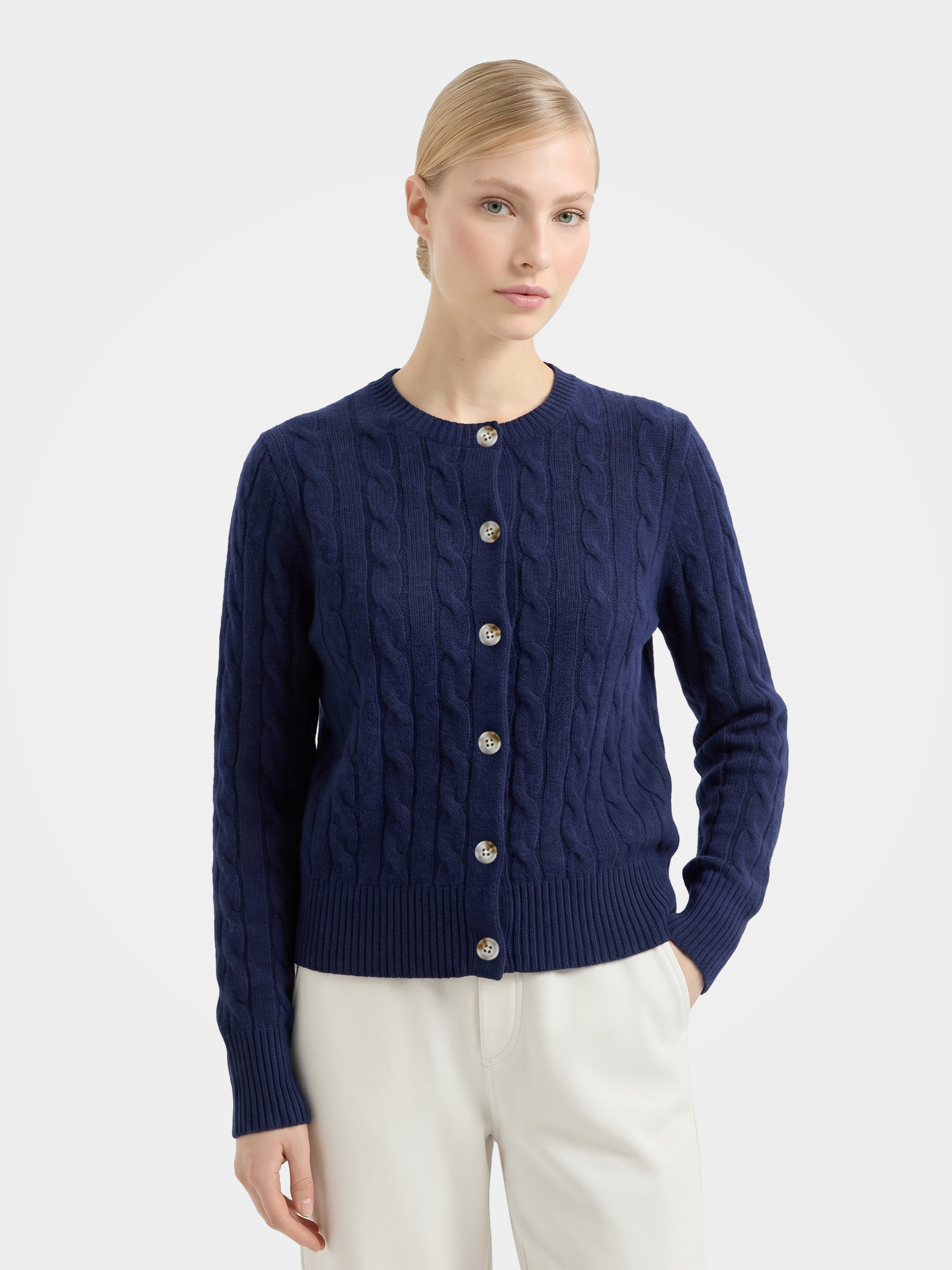 100% Mongolian Cashmere Cable Knit Crew Neck Button Cardigan Sweater