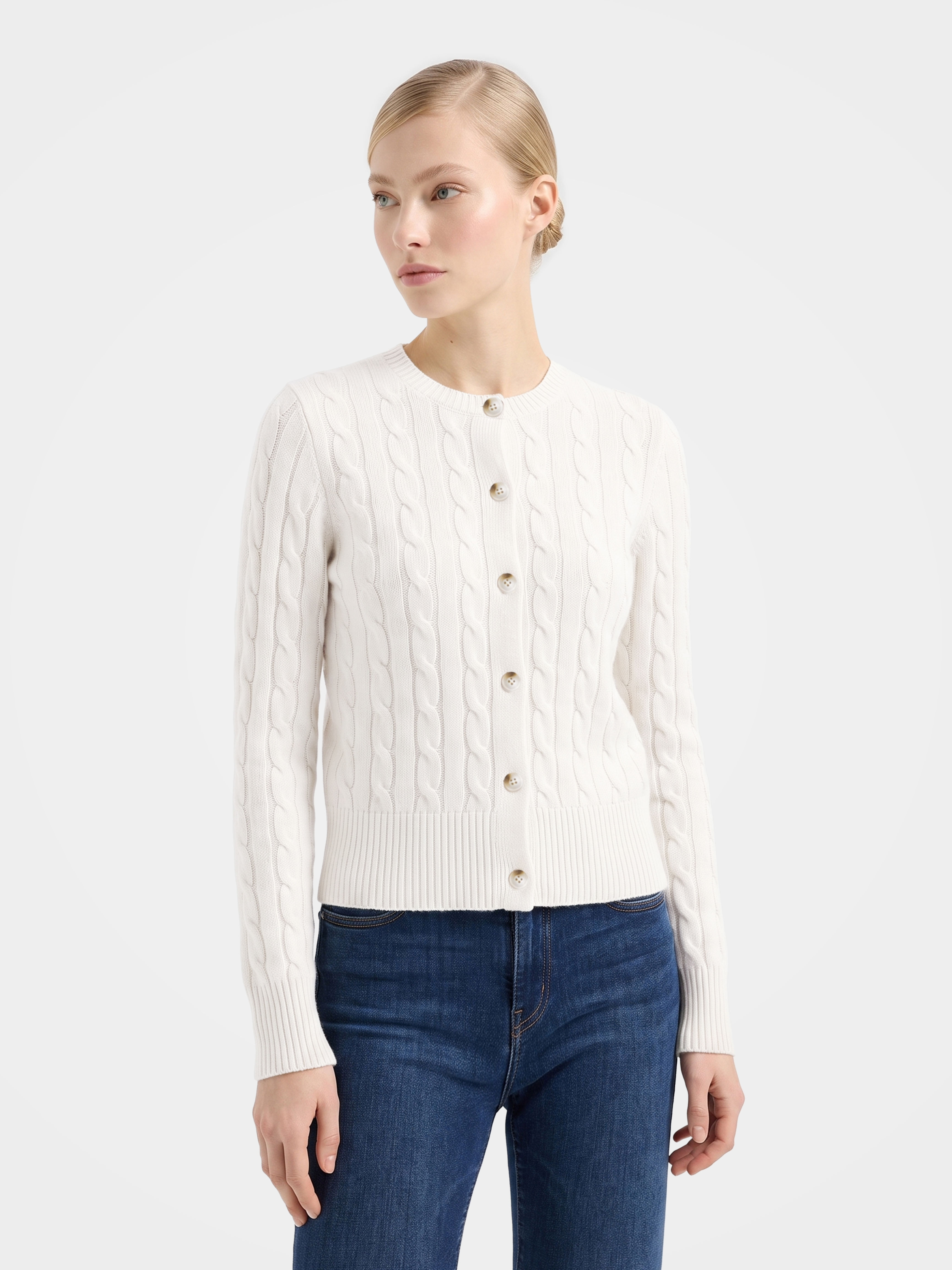 100% Mongolian Cashmere Cable Knit Crew Neck Button Cardigan Sweater