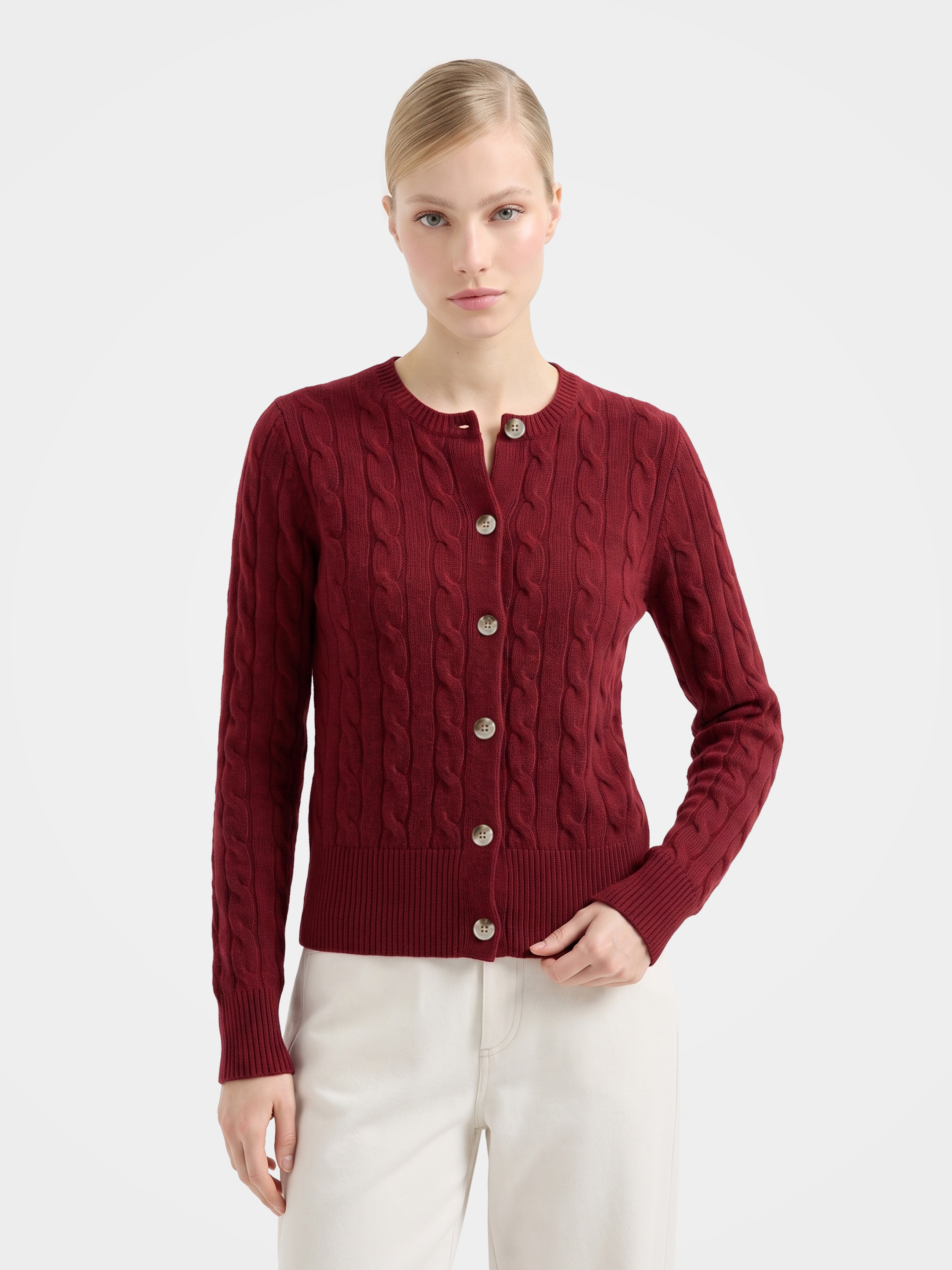 100% Mongolian Cashmere Cable Knit Crew Neck Button Cardigan Sweater