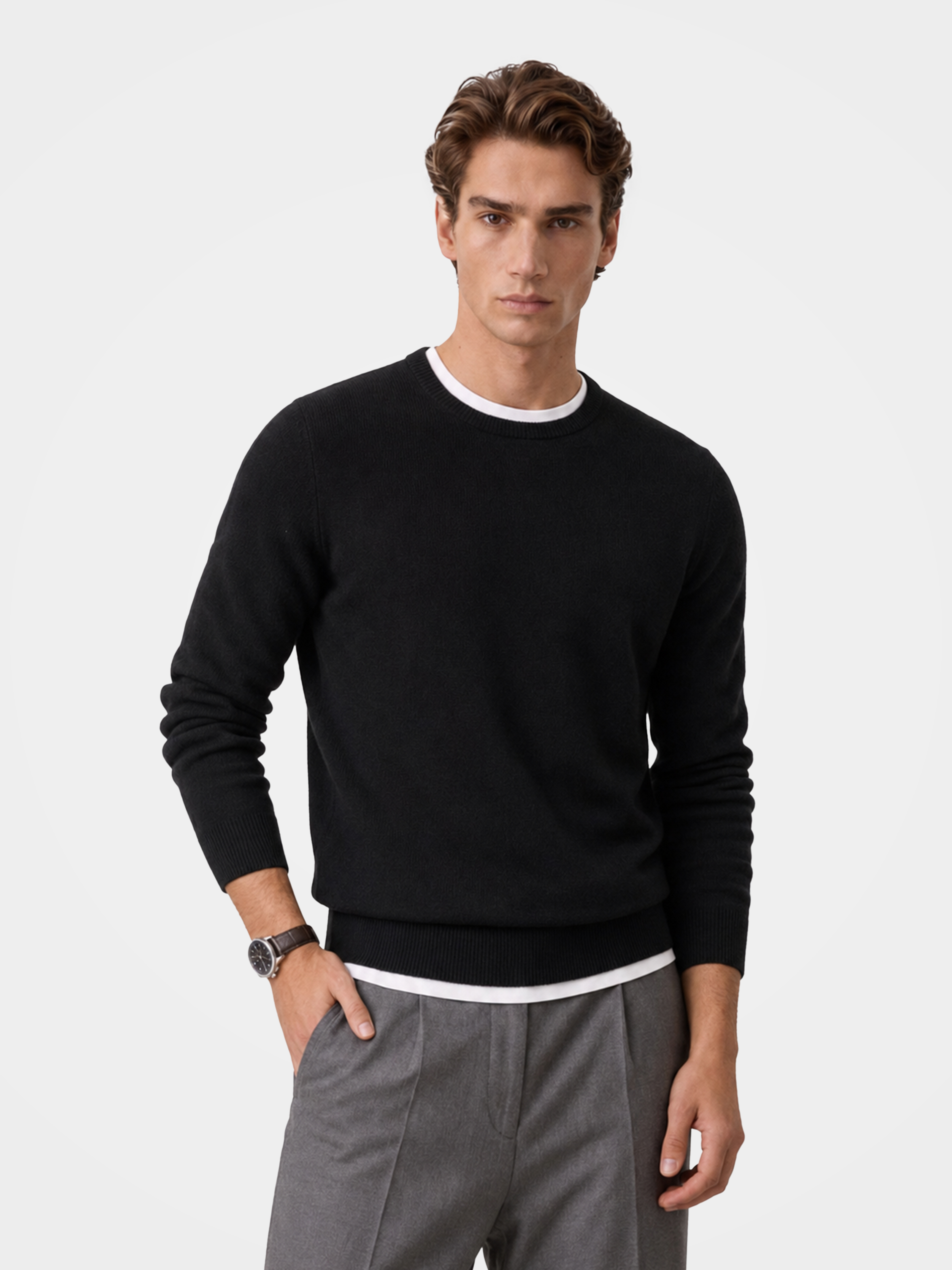 Men's 100% Cashmere Solid Crew Neck Sweater with Timeless Style