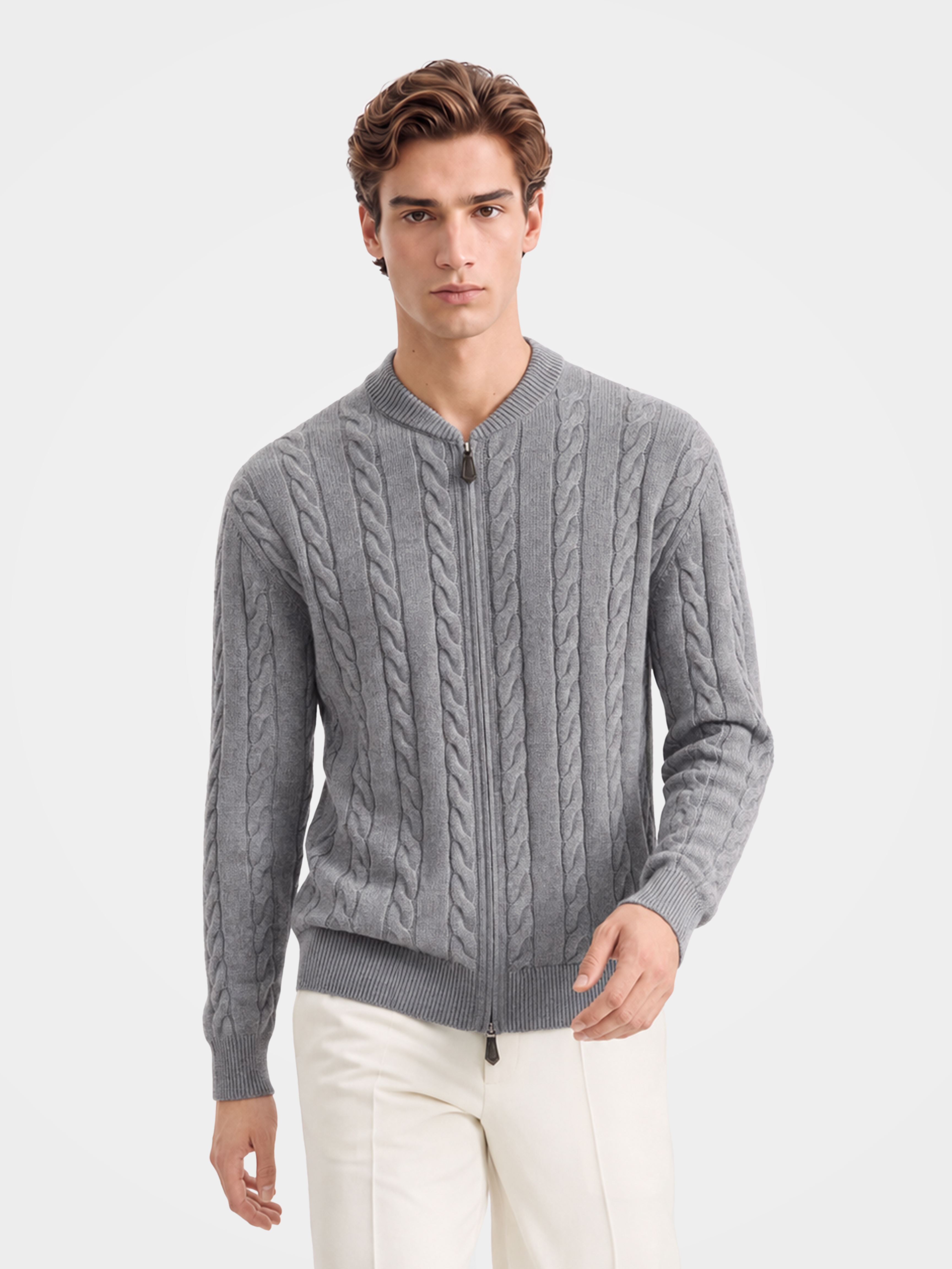 Pre-Order | Men's 100% Cashmere Baseball Collar Zip Cable Knit Cardigan (10-14 Business Days)