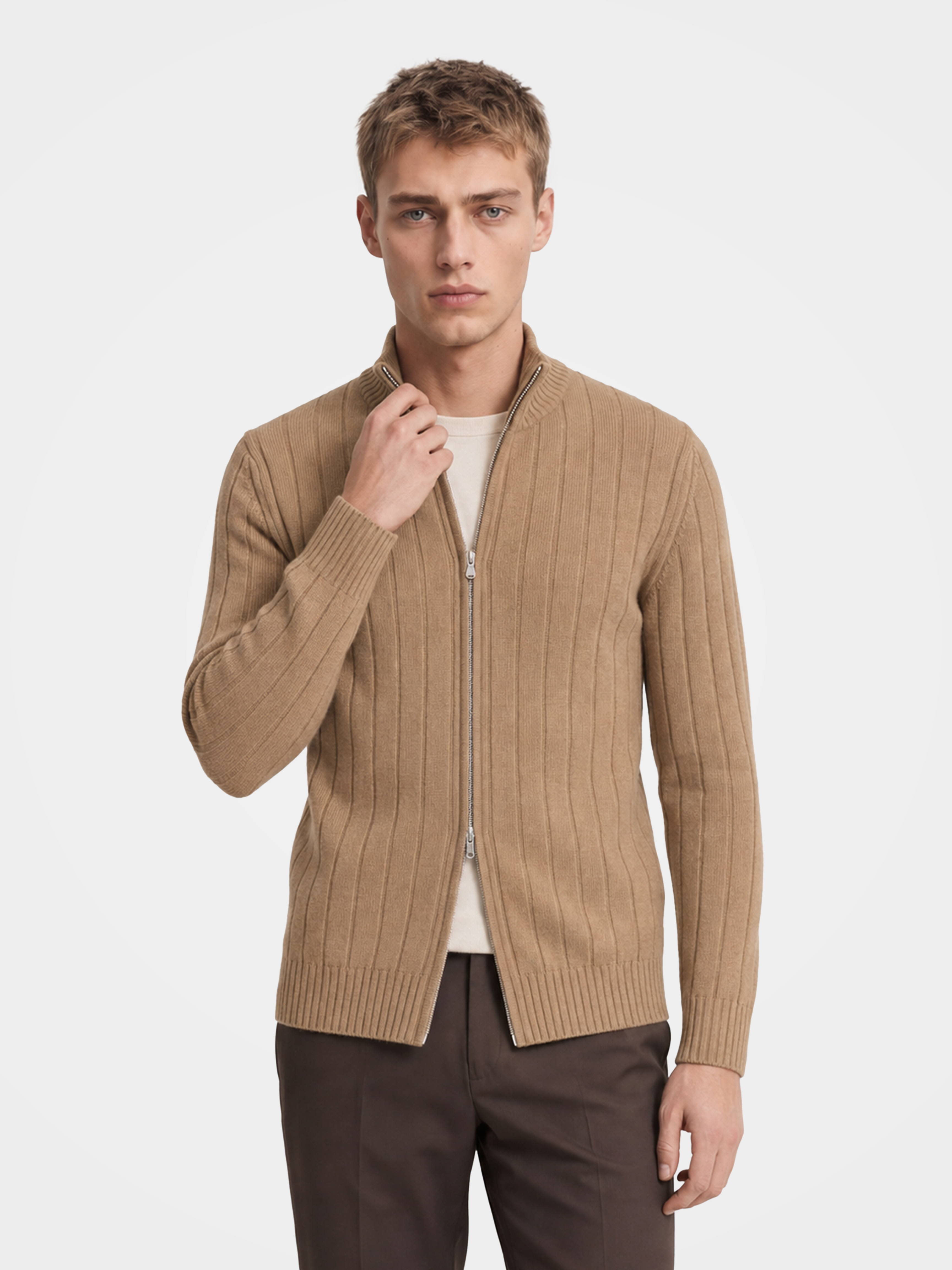 Pre-Order | Men's 100% Cashmere Mock Neck Zip Rib Knit Cardigan (10-14 Business Days)