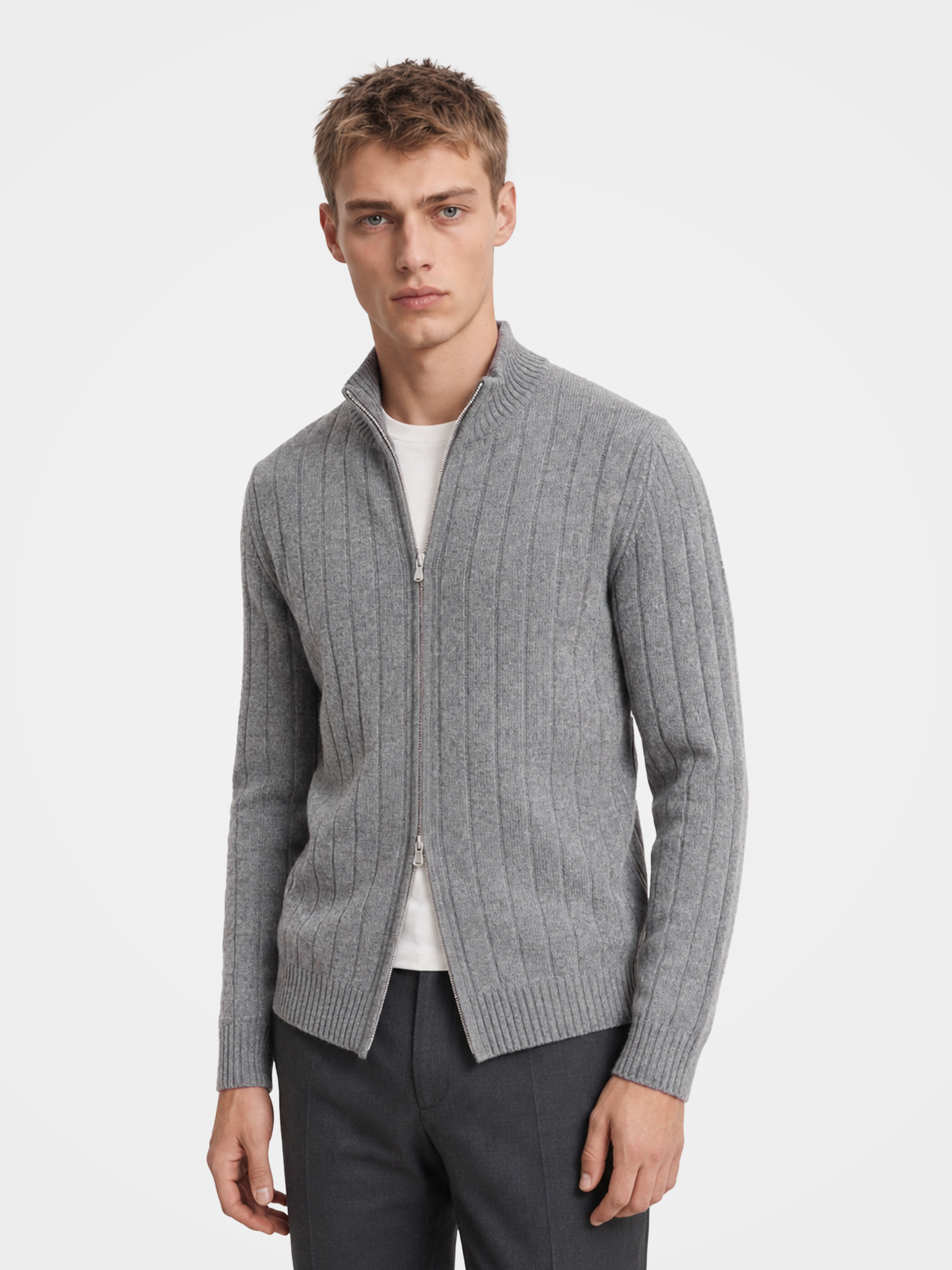 Men's 100% Cashmere Mock Neck Full-Zip Rib Knit Cardigan - Luxury Sweater Jacket