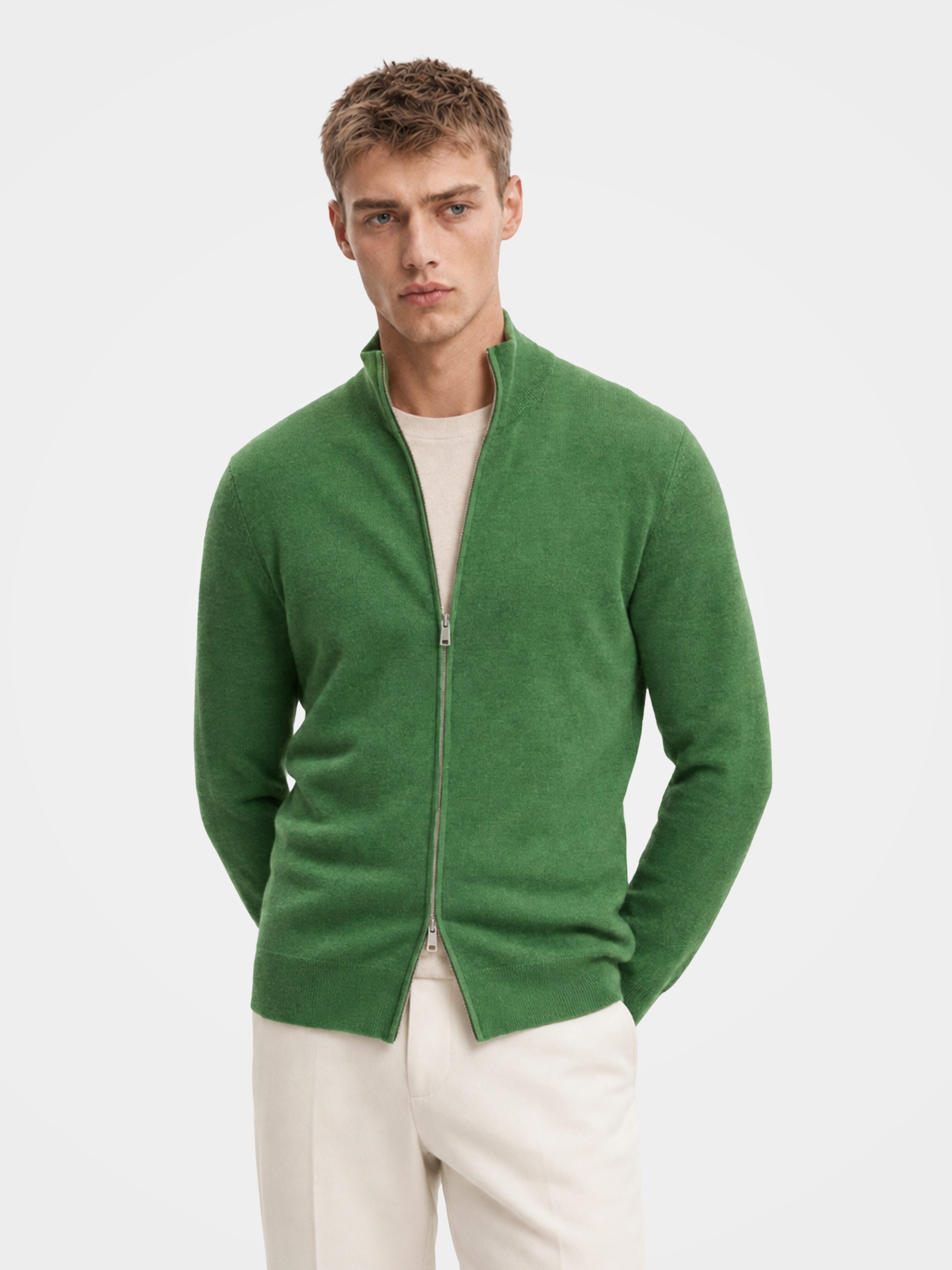 Men's 100% Cashmere Mock Neck Full-Zip Cardigan - Luxury Knit Sweater Jacket