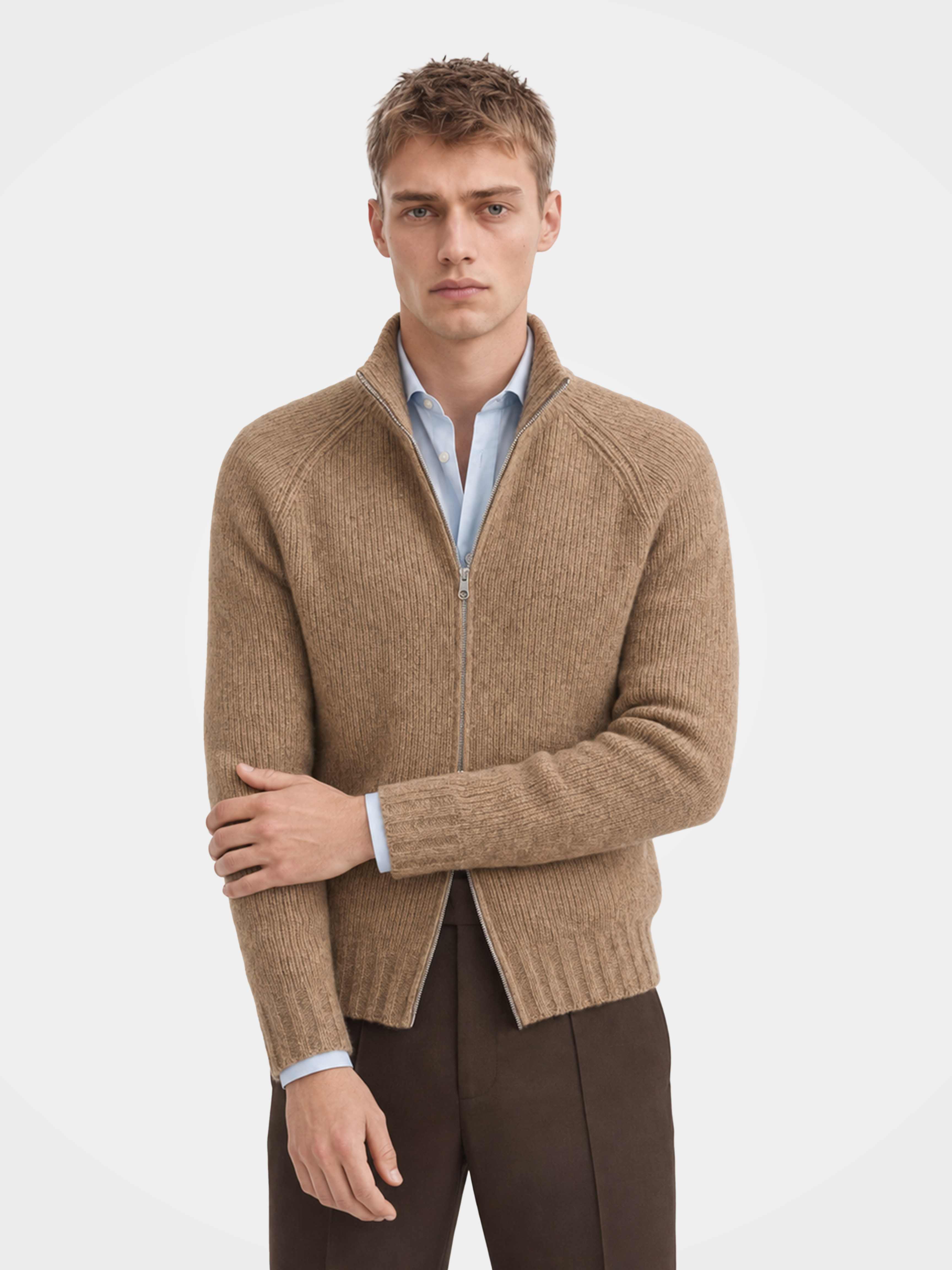 Men's 100% Cashmere Mock Neck Full-Zip Knit Cardigan - Luxury Sweater Jacket