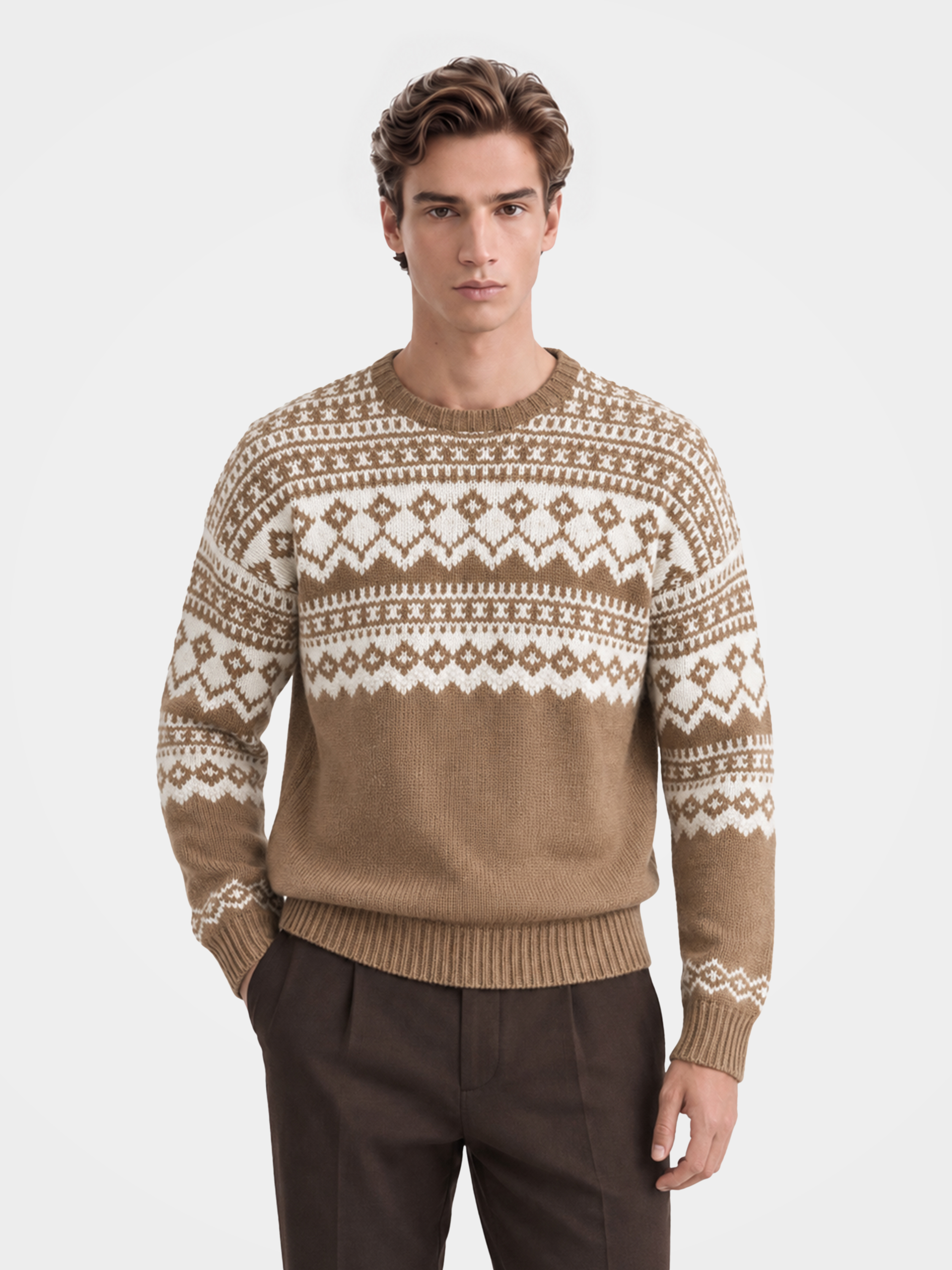 Pre-Order | Men's 100% Cashmere Crew Neck Fair Isle Sweater (10-14 Business Days)