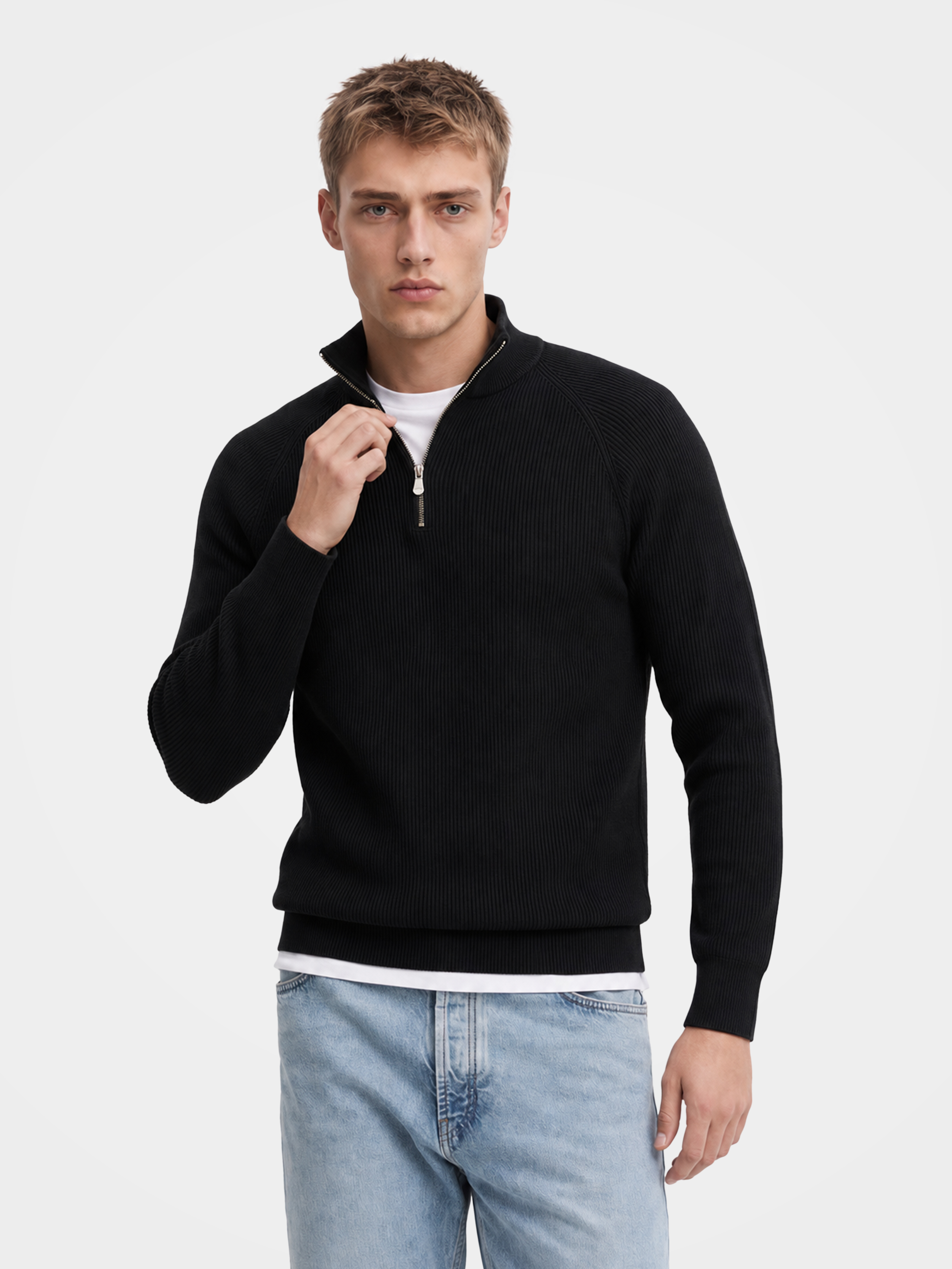 Pre-Order | Men's 100% Cashmere Mock Neck Quarter-Zip Rib Knit Sweater (10-14 Business Days)